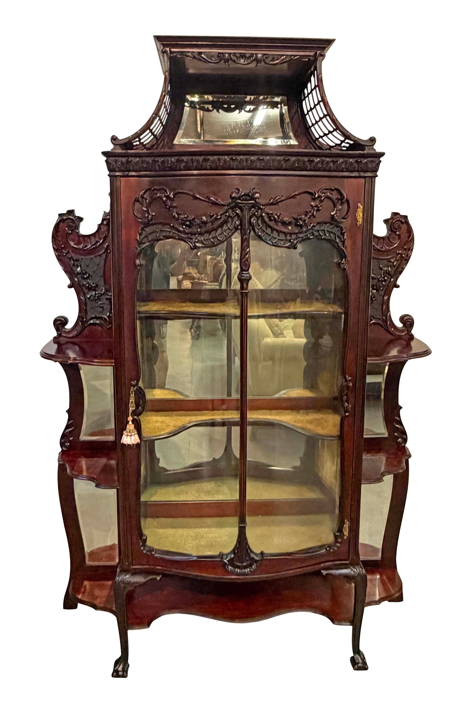 CONTINENTAL MAHOGANY FINE CARVED CHIPPENDALE DISPLAY CABINET WITH MIRROR BACK, SOME CARVINGS (1 of 4)