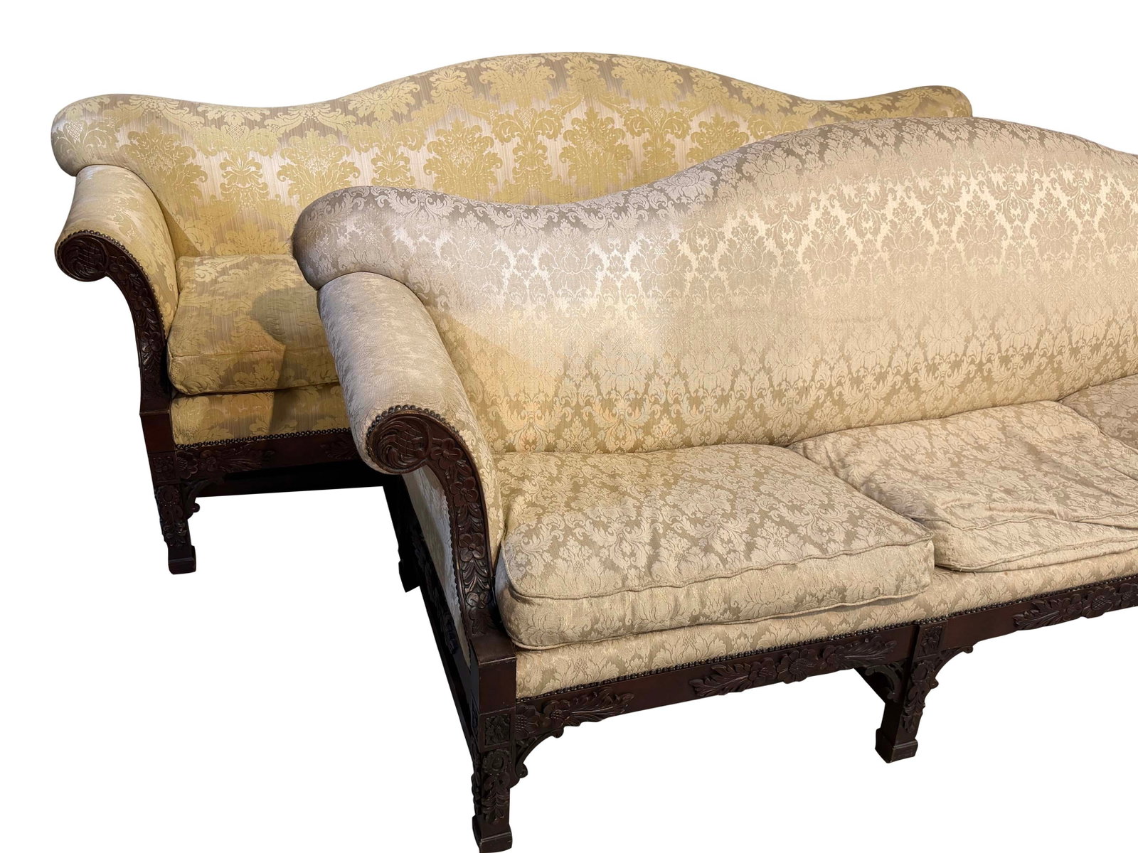 MATCHED PAIR OF MAHOGANY CHINESE CHIPPENDALE CARVED SOFAS, SOLID FRAMES NEEDS NEW UPHOLSTERY,36"H X (1 of 3)