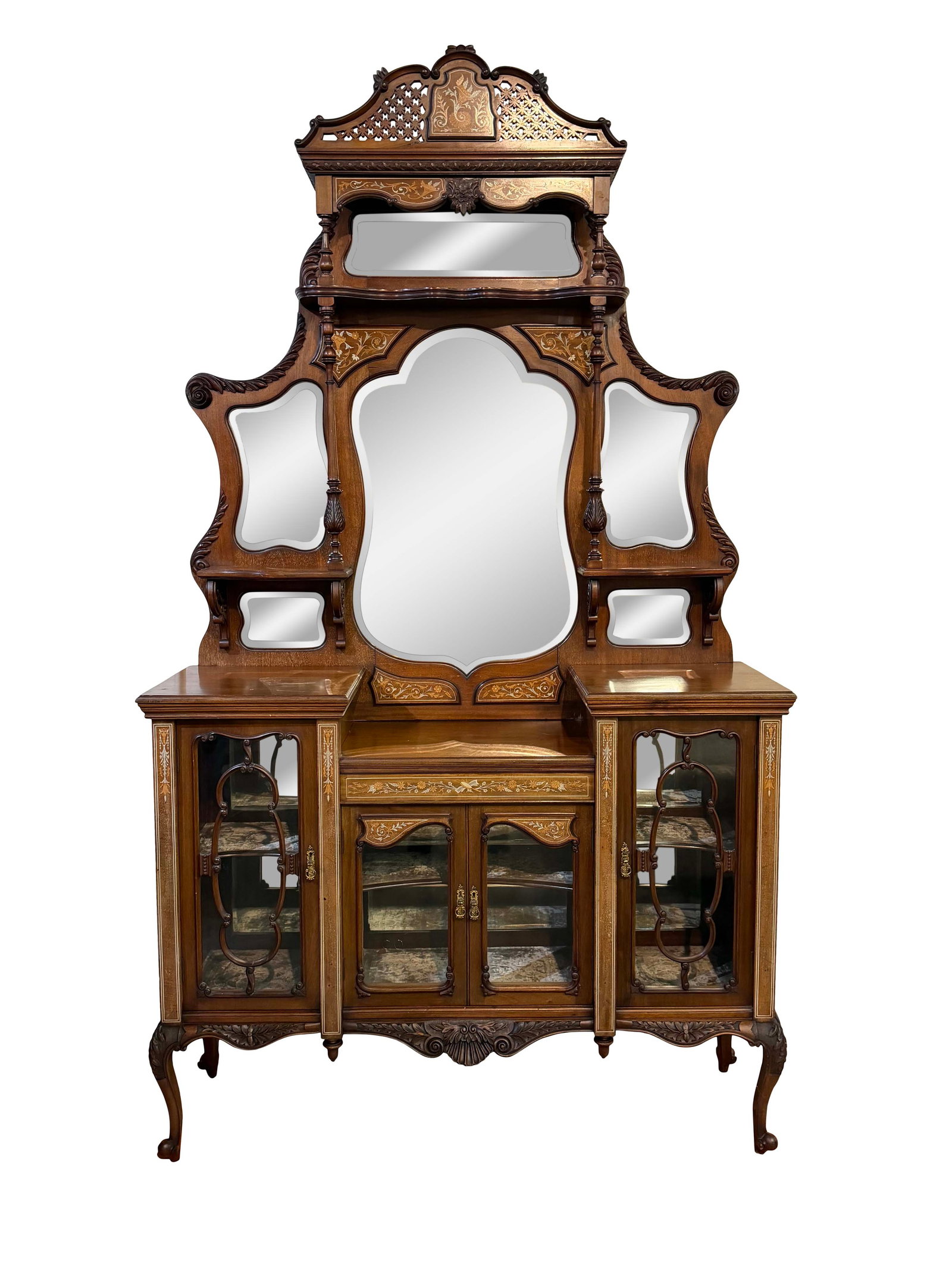 MAHOGANY ENGLISH DISPLAY CABINET WITH BEVELED MIRROR ETAGERE TOP WITH WOOD INLAY, 98"H X 55"W X 18"D (1 of 2)