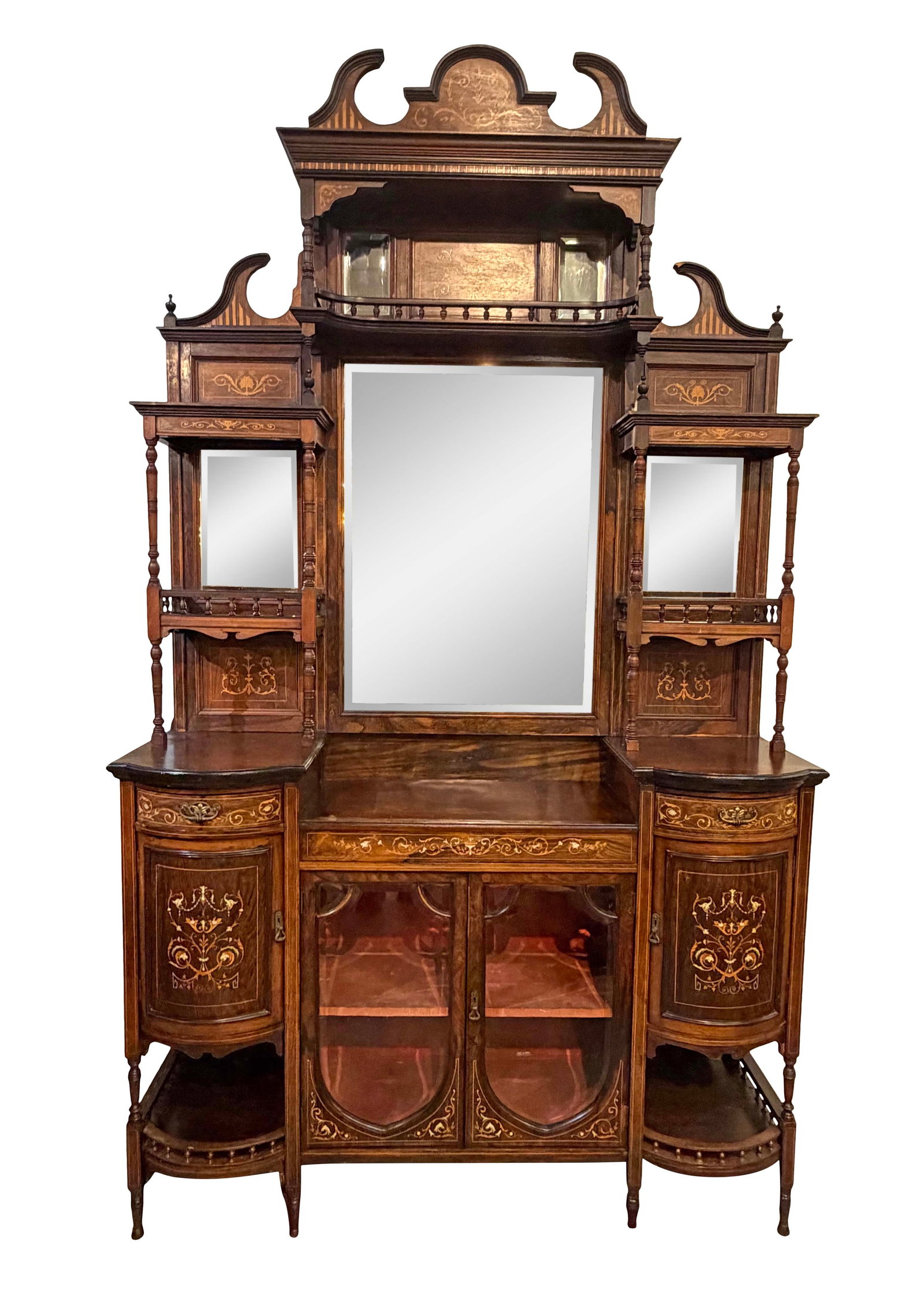 ENGLISH ROSEWOOD CABINET BASE ETAGERE WITH BEVELED MIRROR TOP WITH MARQUETRY INLAY, NEEDS (1 of 8)