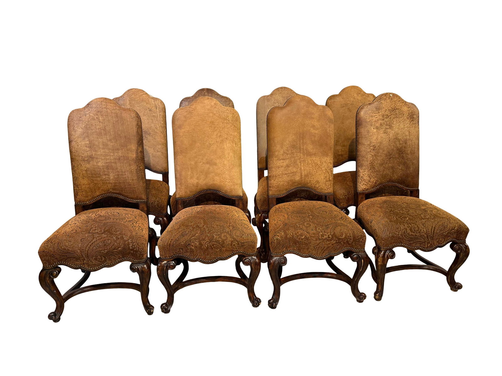 SET OF 8 MAITLAND SMITH DINING CHAIRS WITH LEATHER BACKS, PAISLEY UPHOLSTERED SEATS, SIZE 48"H X (1 of 6)