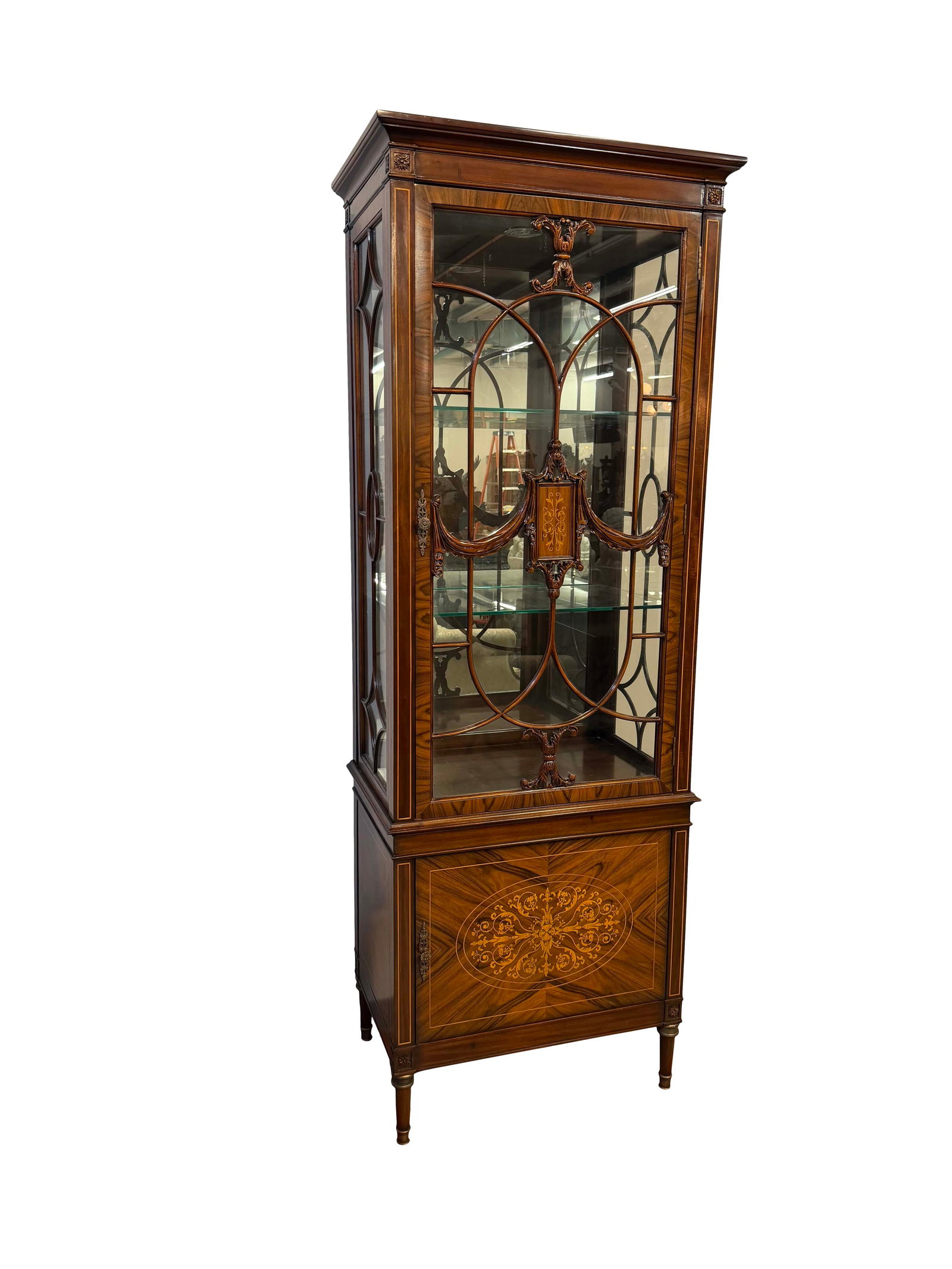 DESIGNER MAHOGANY DISPLAY CABINET WITH MIRRORED BACK AND GLASS SHELVES, GLASS FRONT AND SIDES, WITH (1 of 5)