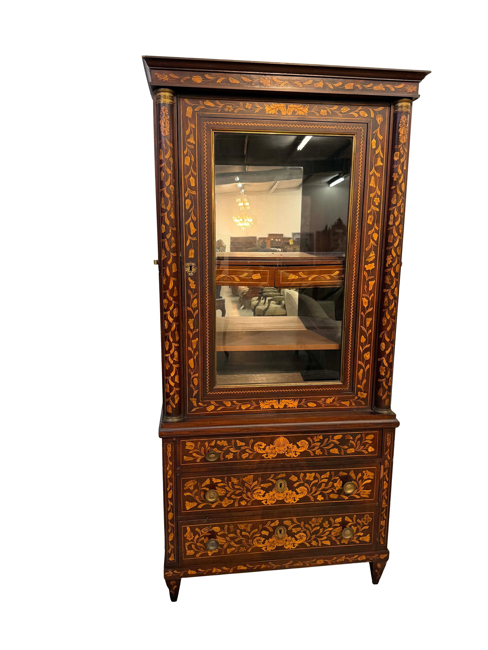 19TH CENTURY DUTCH MARQUETRY INLAY ON FRONT AND SIDES, 3 DRAWER ONE DOOR CABINET, MISSING A BRASS (1 of 5)