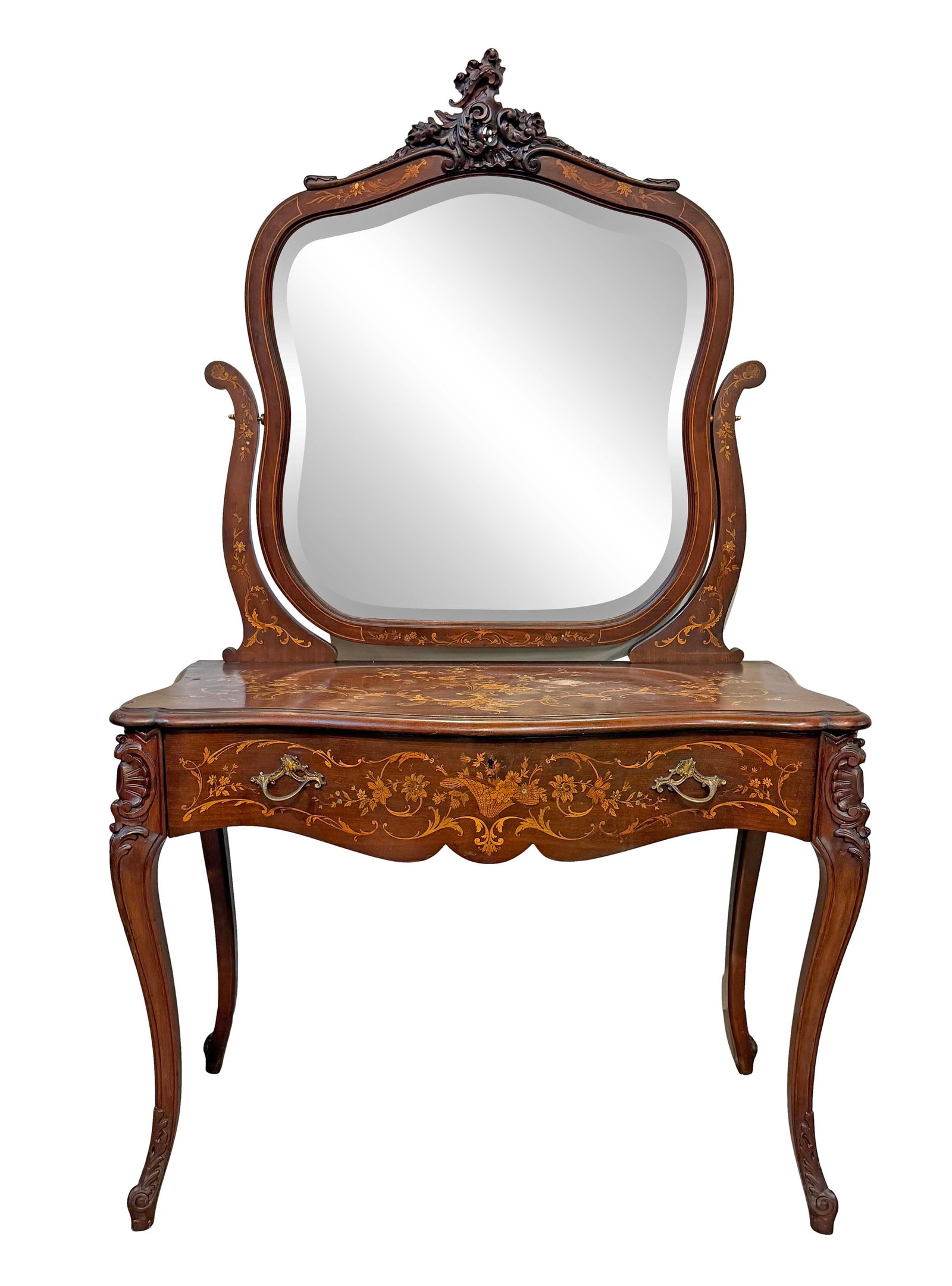 MAHOGANY DRESSING VANITY WITH WOOD INLAY AND MOTHER OF PEARL, SIZE 63"H X 39"W X 20"D: MAHOGANY DRESSING VANITY WITH WOOD INLAY AND MOTHER OF PEARL, SIZE 63"H X 39"W X 20"D