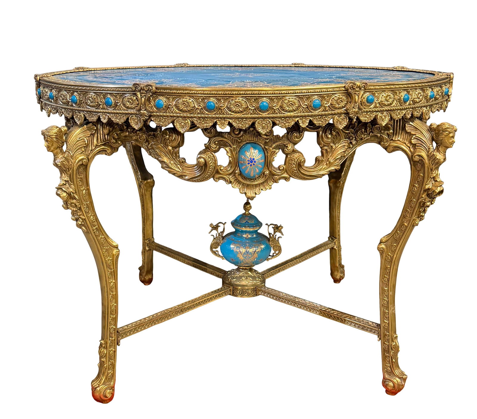 FRENCH STYLE POLISHED BRONZE DECORATIVE CENTER TABLE WITH BLUE PORCELAIN CENTER TOP AND PORCELAIN (1 of 4)
