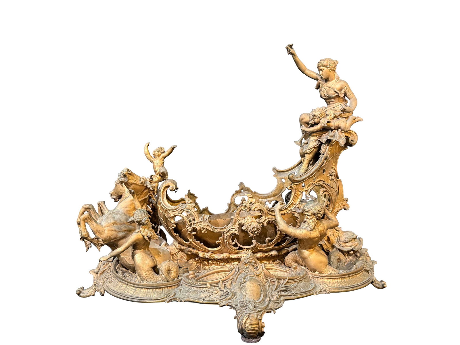 INCREDIBLE LARGE ORNATE NEPTUNE CENTERPIECE WITH SEAHORSES AND MERMAIDS, SPELTER WITH ANTIQUE GOLD (1 of 5)