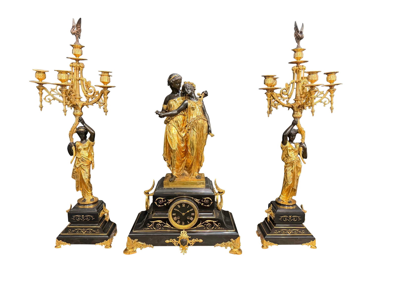 3 PC OUTSTANDING GILT BRONZE AND POLYCHROMED CLOCK SET, ON BLACK MARBLE BASES, CANDELABRA ARE (1 of 7)