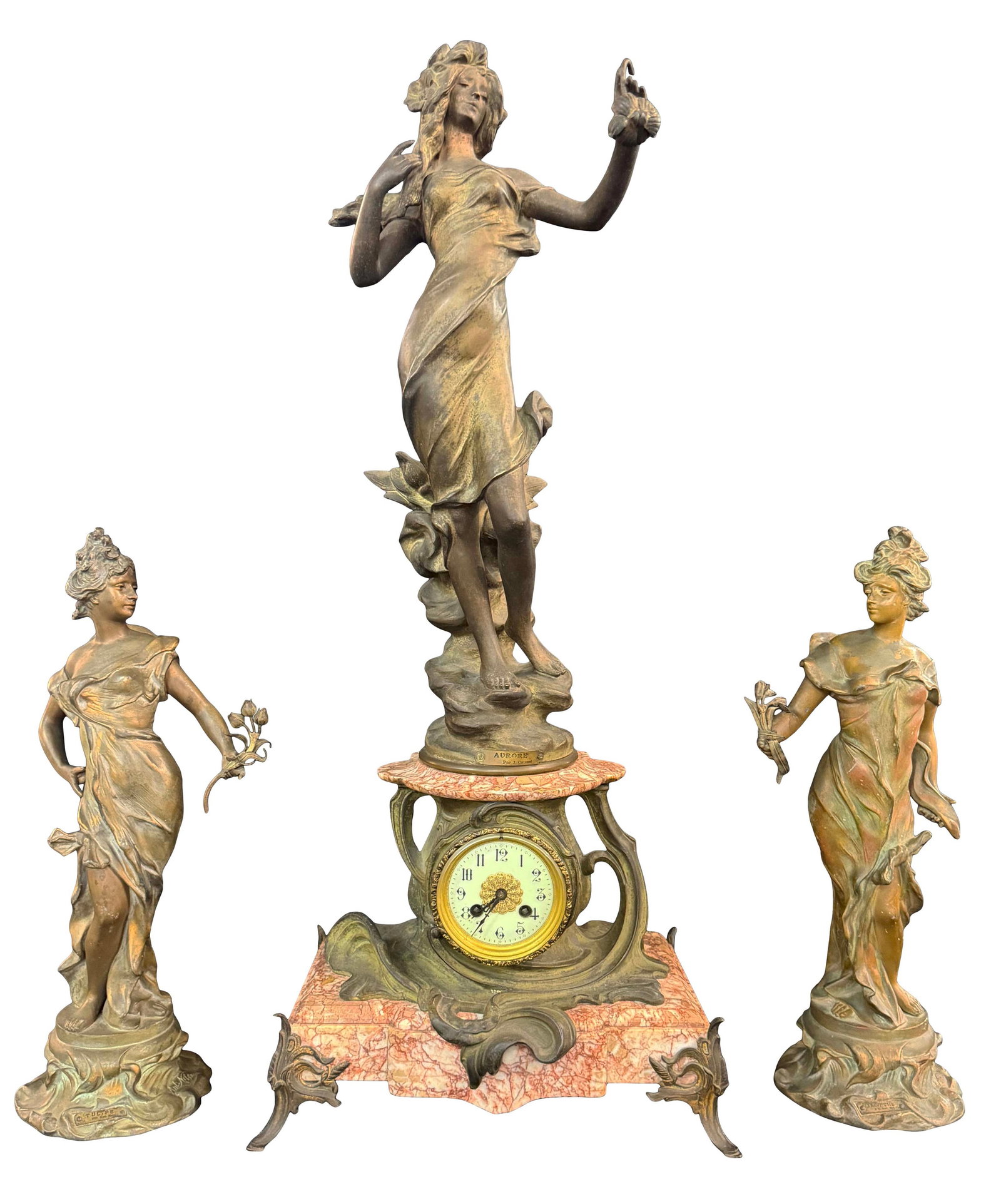3 PC ART NOUVEAU FRENCH ART METAL LADY STATUE CLOCK SET, CLOCK SIZE 32"H X 15"W X 9"D, STATUE SIZE (1 of 3)