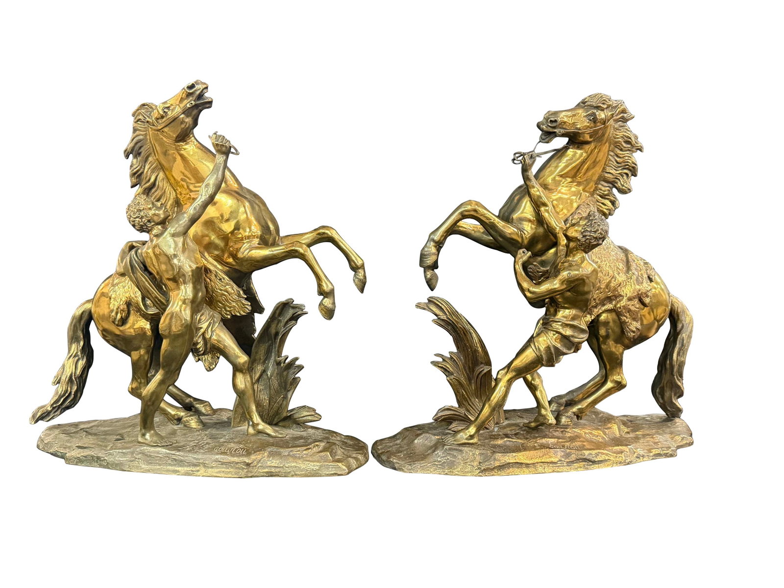 PAIR OF GILT BRONZE METAL MARLEY HORSE STATUES RIGHT AND LEFT, SIZE 21"H X 21"W X 7"D - EACH (1 of 5)