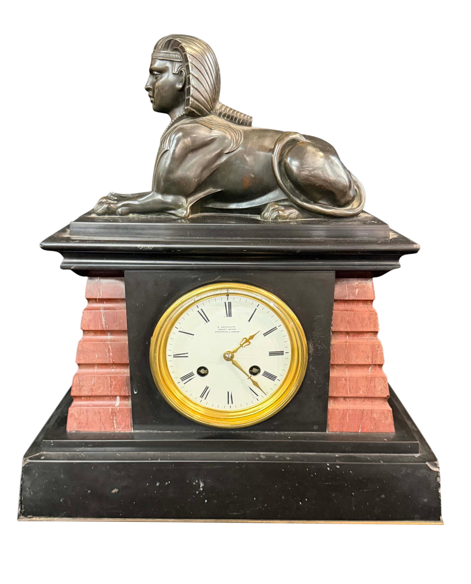EGYPTIAN REVIVAL MANTEL CLOCK WITH BRONZE SPHINX AND MARBLE BASE, MISSING PENDULUM, SIZE 16"H X 14"W (1 of 3)