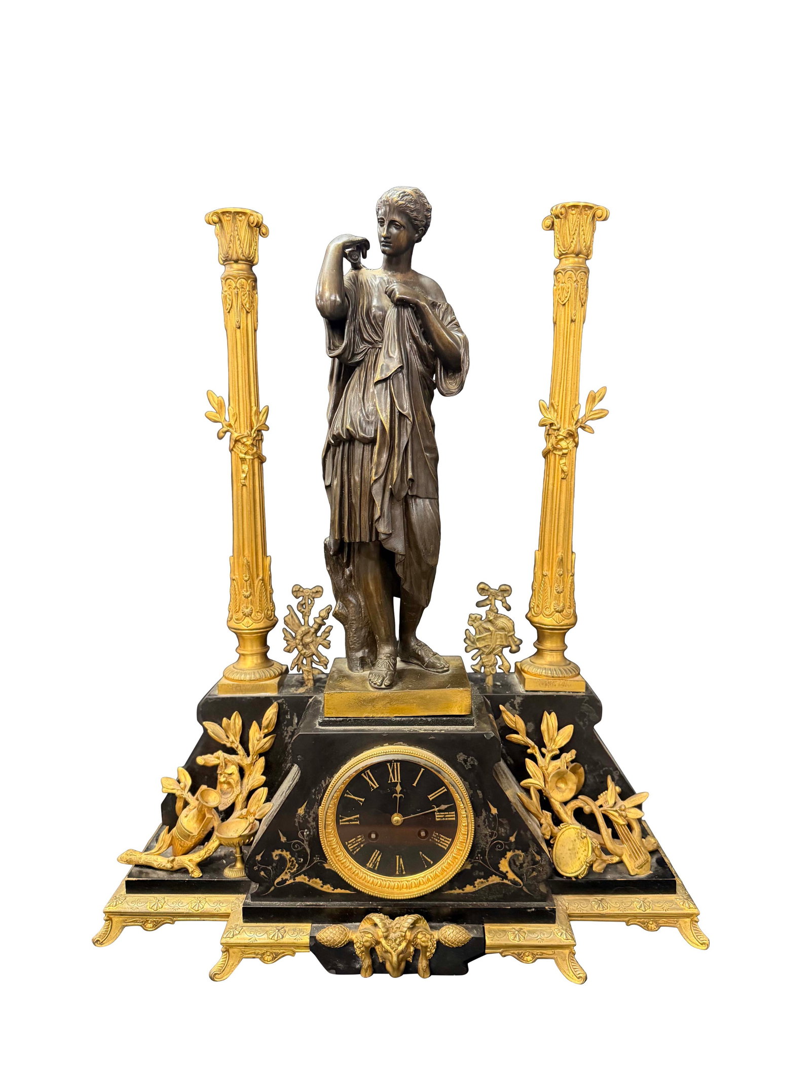 FRENCH LADY BRONZE STATUE CLOCK ON BLACK MARBLE BASE, NEEDS RESTORATION, MISSING PENDULUM, SIZE 25"H (1 of 3)