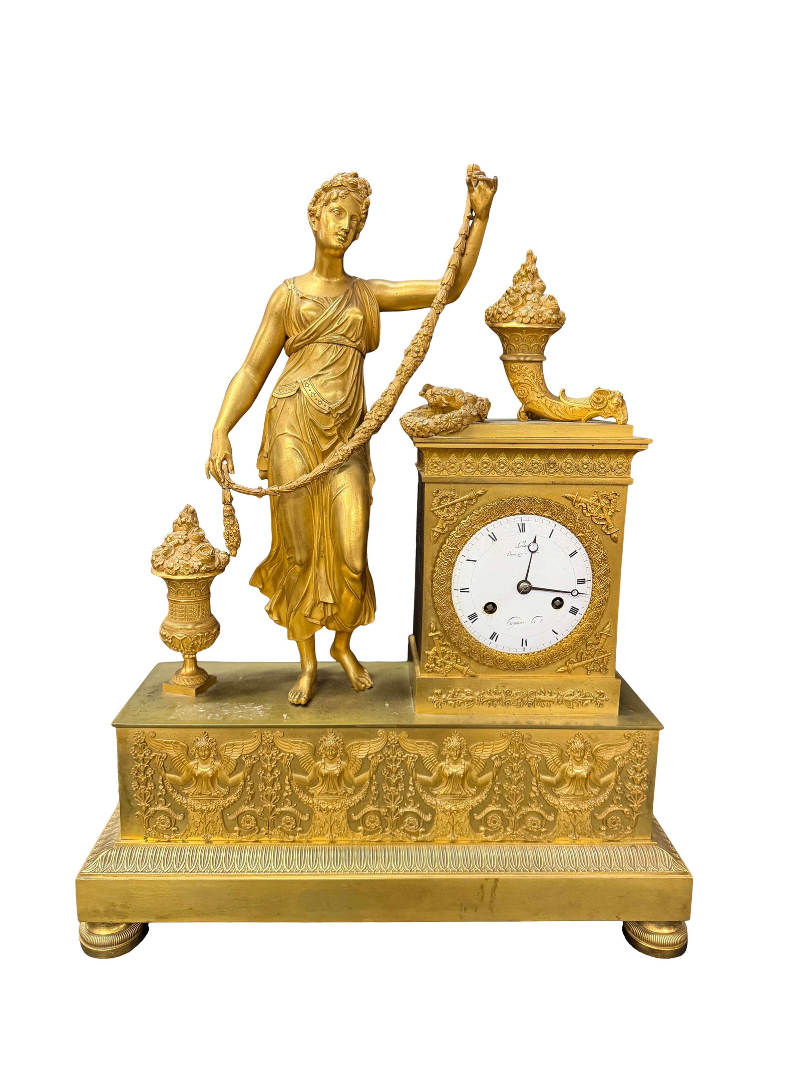 EARLY GILT METAL FRENCH CLOCK WITH STANDING LADY STATUE, SIZE 20"H X 16"W X 6"D (1 of 2)