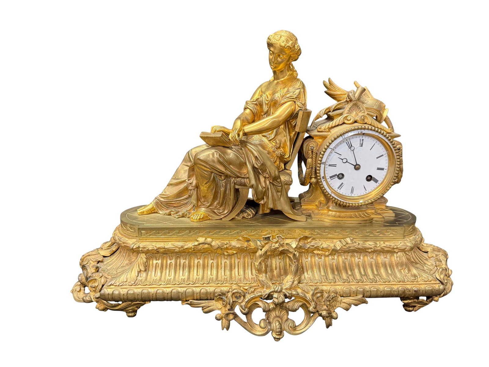 DORE' BRONZE FRENCH RECLINING LADY MANTEL CLOCK SIZE 14"H X 23"W X 6"D (1 of 3)