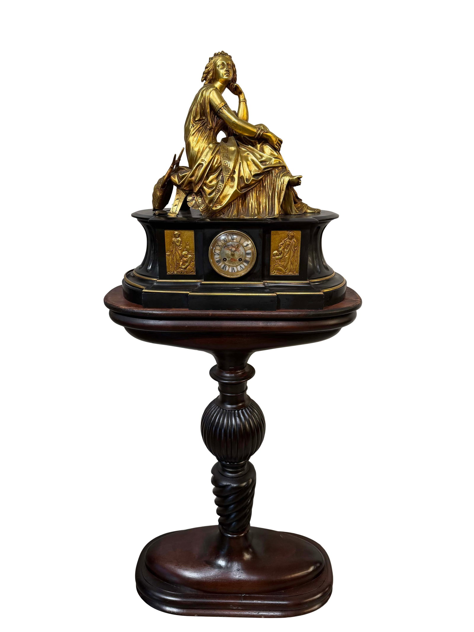 LARGE FRENCH CLOCK WITH GOLD GILT RECLINING LADY AND HARP SITTING ON A BLACK MARBLE BASE WITH HAND: LARGE FRENCH CLOCK WITH GOLD GILT RECLINING LADY AND HARP SITTING ON A BLACK MARBLE BASE WITH HAND PAINTED CHERUB DIAL INCLUDING MAHOGANY PEDESTAL, CLOCK SIZE 23"H X 22"W X 10"D, PEDESTAL 39"H X 26"W 