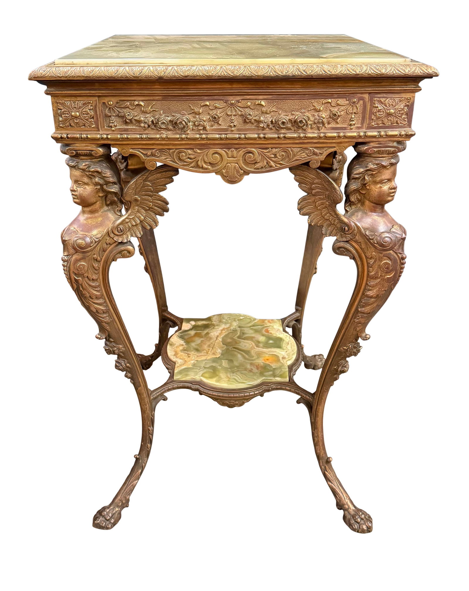 AMERICAN ORNATE BRONZE LAMP TABLE WITH ONYX TOP AND WINGED ANGELS, SIZE 30"H X 21"W (1 of 3)