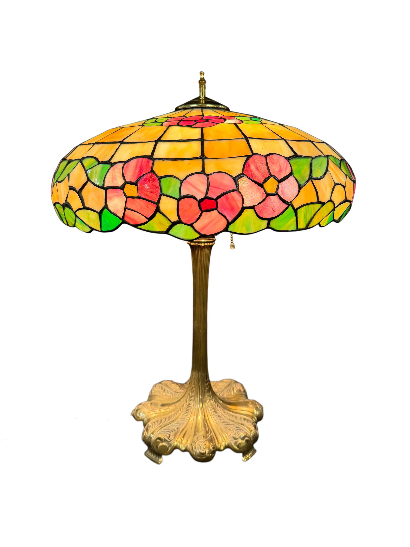 AMERICAN ANTIQUE LEADED GLASS LAMP WITH HEAVY ORNATE GOLD GILT METAL BASE, SIZE 25"H X 18"W (1 of 3)