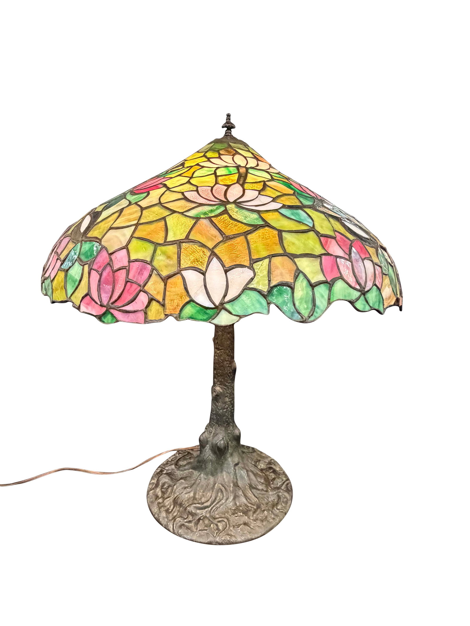 LARGE AMERICAN LEADED GLASS LAMP CHICAGO MOSIAC WITH HEAVY TREE TRUNK BASE, 28"H X 24"W (1 of 3)