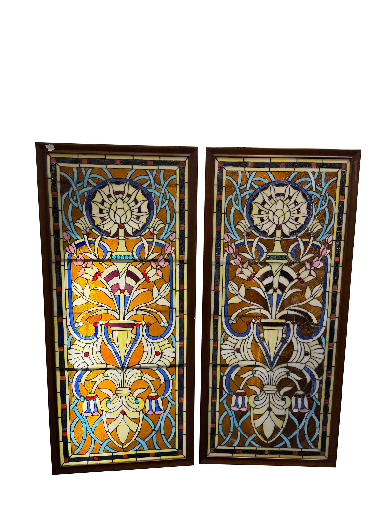 PAIR OF DECORATIVE VICTORIAN STYLE STAINED GLASS WINDOWS WITH JEWELS, SMALL HAIRLINE CRACKS, 68"H X (1 of 3)