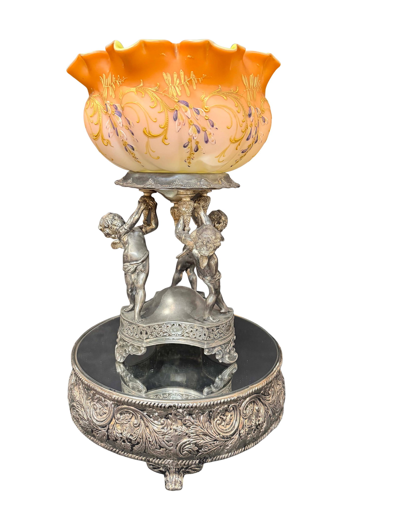 3 STANDING SILVER PLATED CHERUBS HOLDING ART GLASS BRIDES BOWL, WITH MIRRORED PLATEAU, BOWL SIZE 5"H (1 of 2)