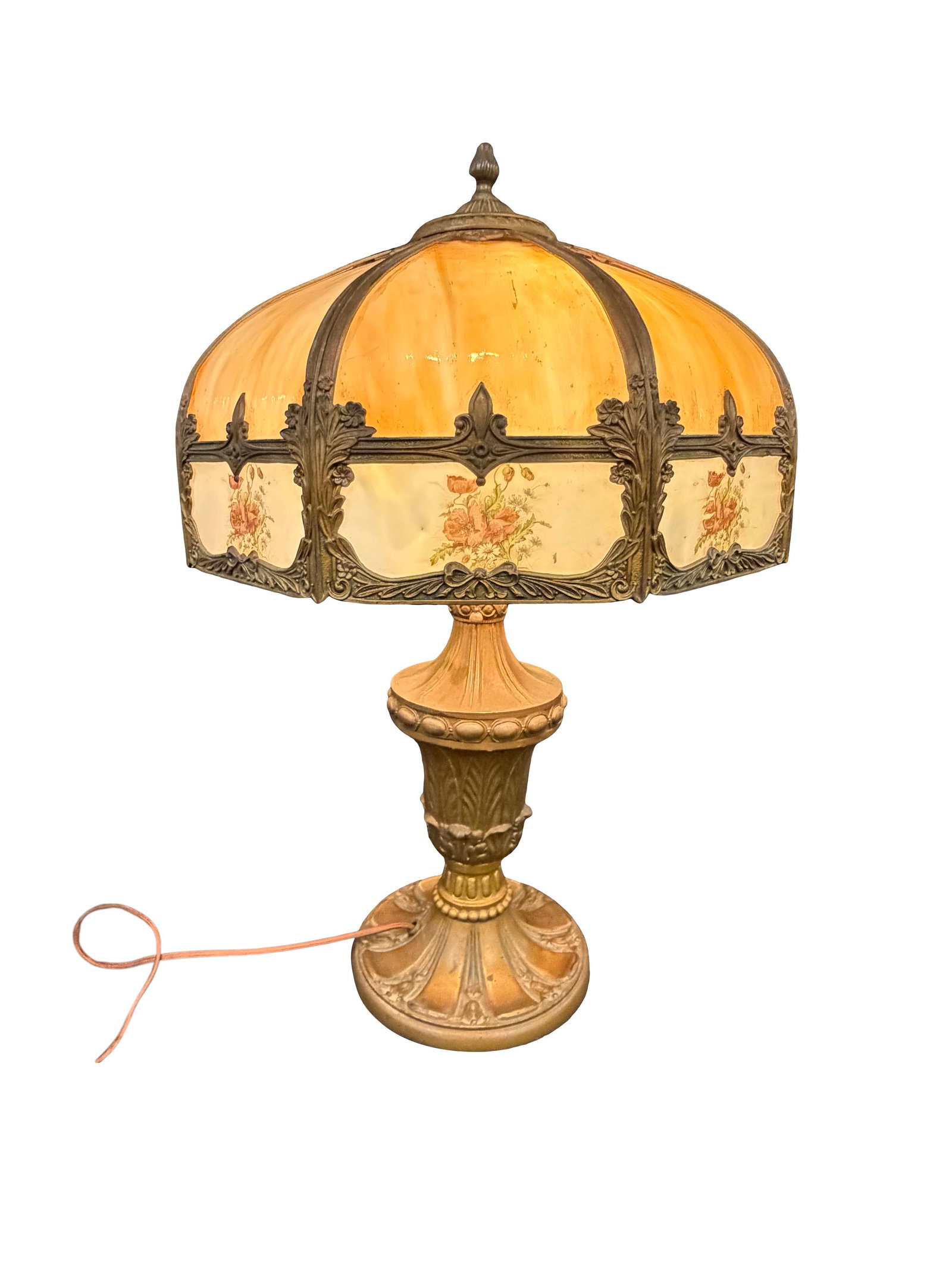 ORIGINAL SHADE AND BASE PANEL GLASS TABLE LAMP CHECK WIRING, 25"H X 16"W (1 of 3)