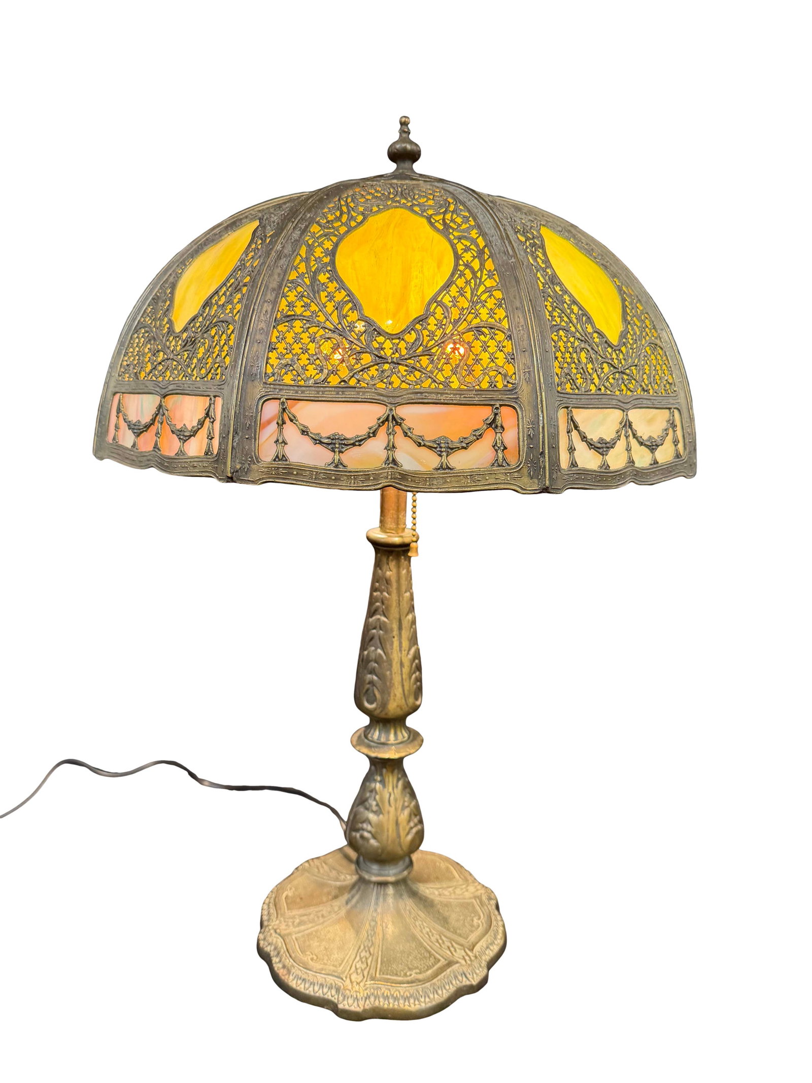 ORIGINAL BASE AND SHADE PANEL GLASS LAMP WITH METAL OVERLAY, CHECK WIRING, SIZE 24"H X 16"W (1 of 3)