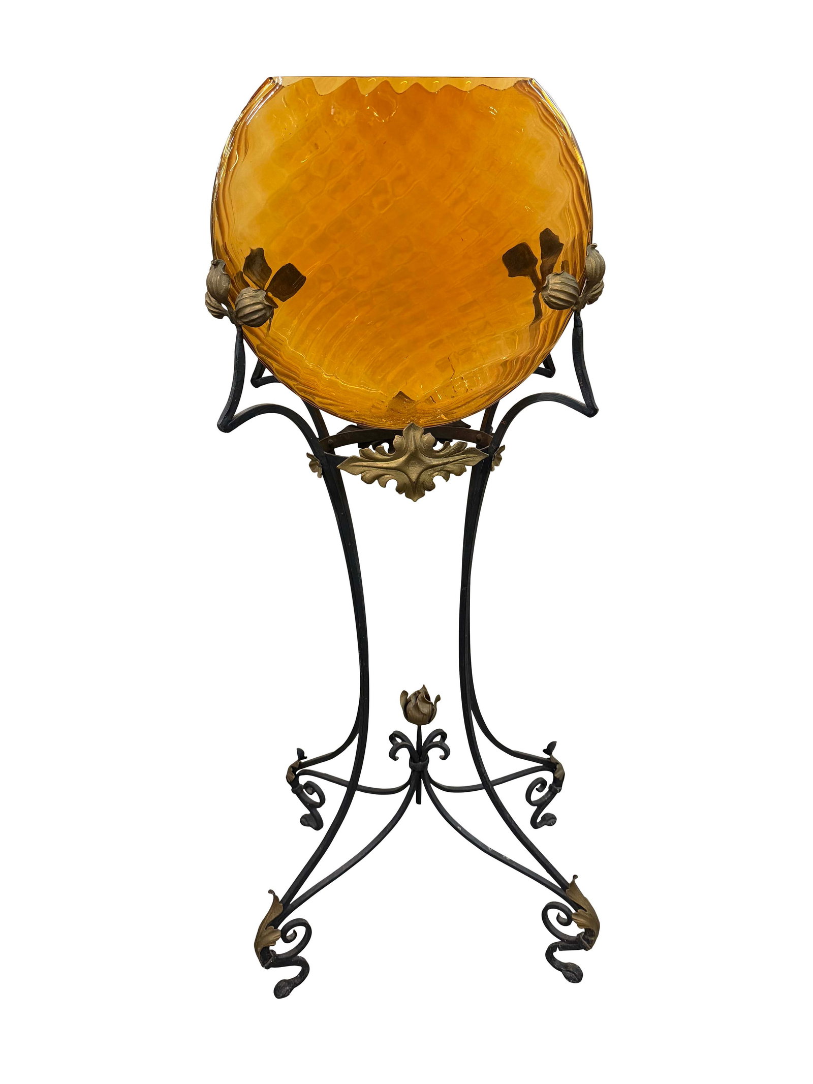 WROUGHT IRON STAND WITH ORIGINAL COLORED GLASS FISH BOWL / PLANT STAND , 45"H X 17"W X 12"D (1 of 2)