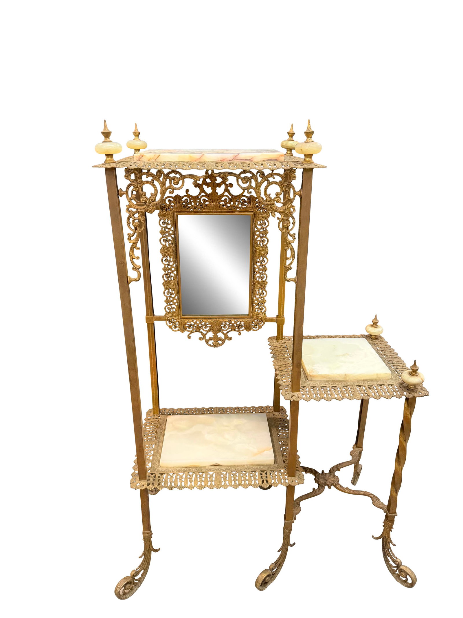 ORNATE BRASS AND ONYX 3 TIER ETAGERE WITH MIRROR BACK, SIZE 48"H X 32"W X 18"D (1 of 2)