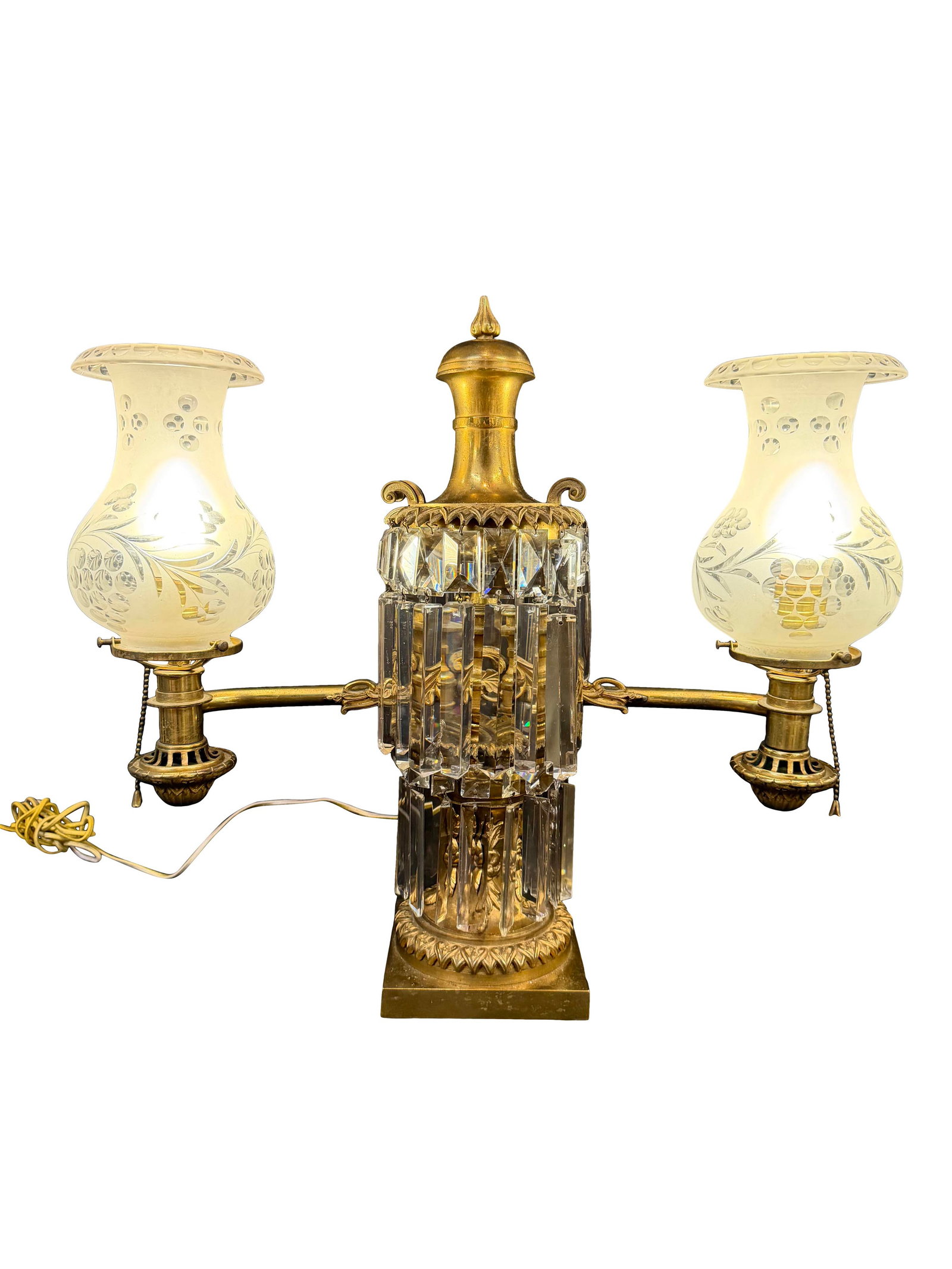 ELECTRIFIED DOUBLE ARM ARGAND LAMP WITH CRYSTAL PRISMS, CHECK WIRING, SIZE 21"H X 22"W (1 of 2)