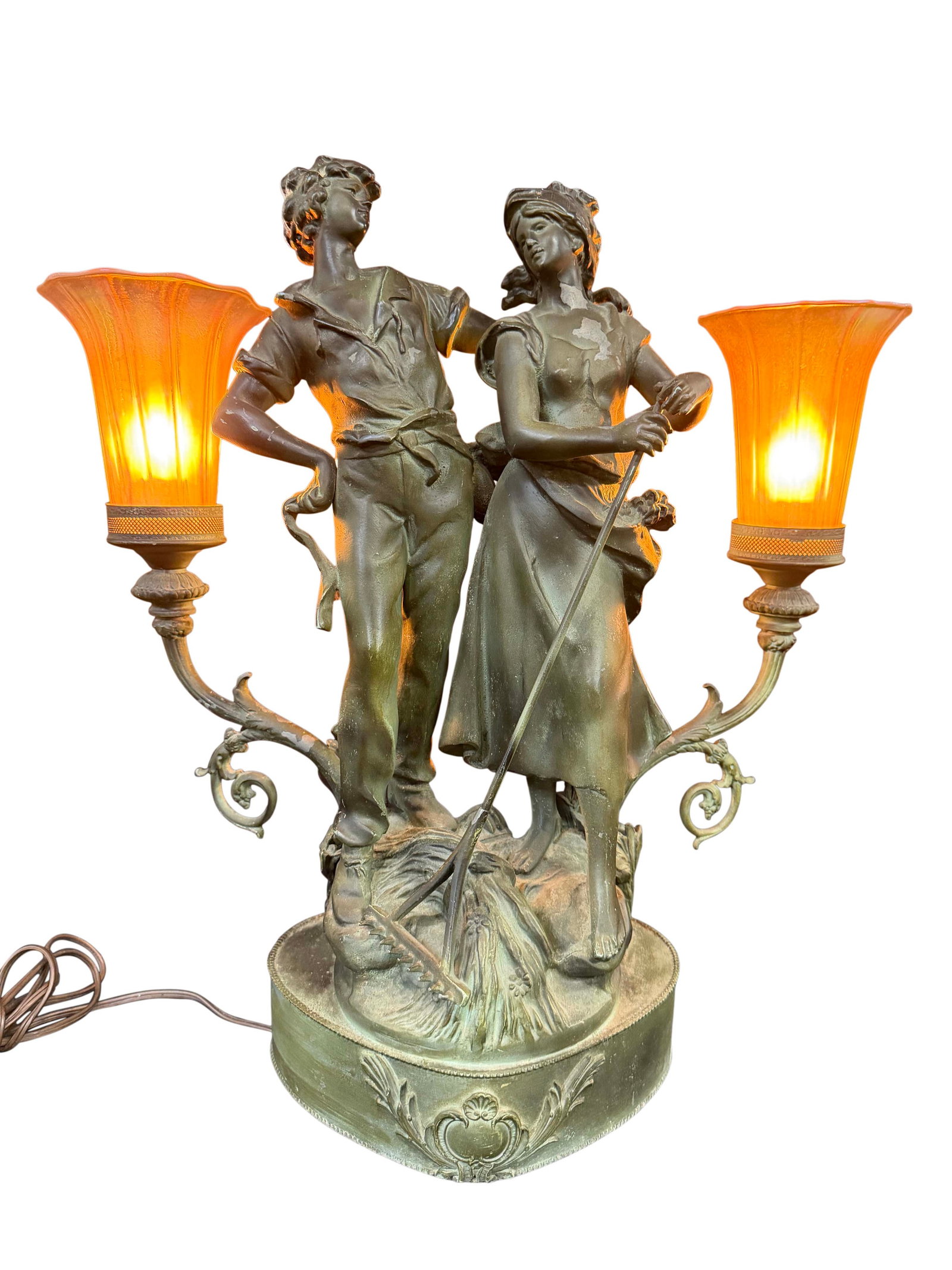 FRENCH ART METAL DOUBLE STATUE LAMP WITH REPLACED ART GLASS SHADES, PAINT LOSS ON STATUES, CHECK (1 of 3)