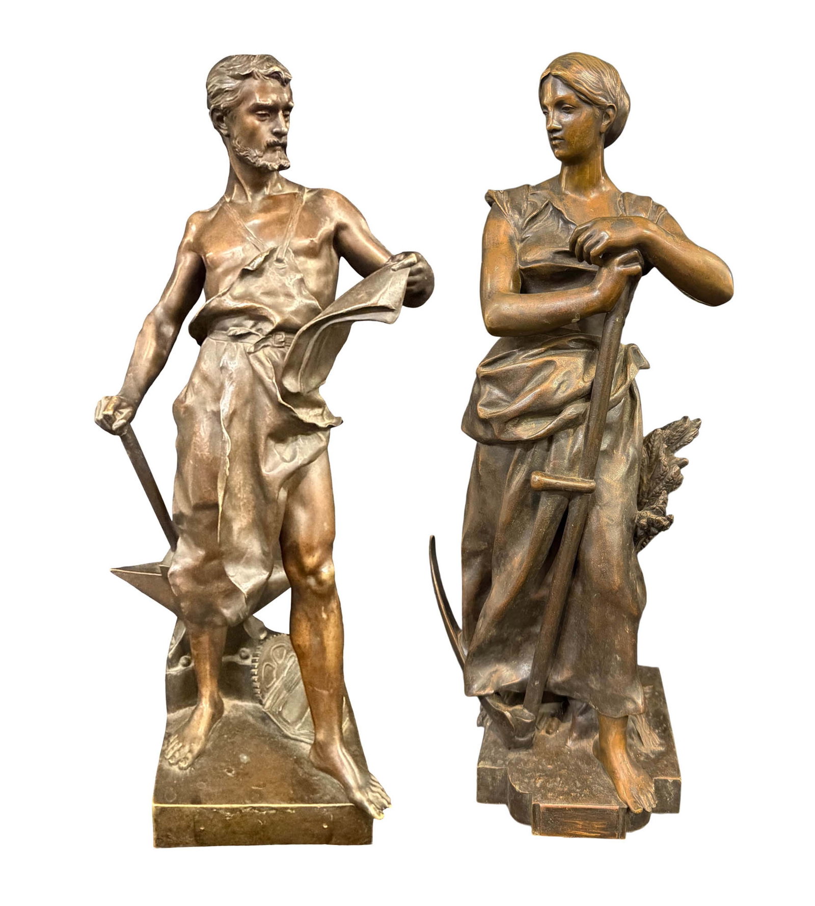 PAIR OF MAN AND WOMAN HEAVY BRONZE STATUES, LADY HARVESTING WHEAT, MAN WITH HAMMER AND ANVIL, LADY (1 of 7)