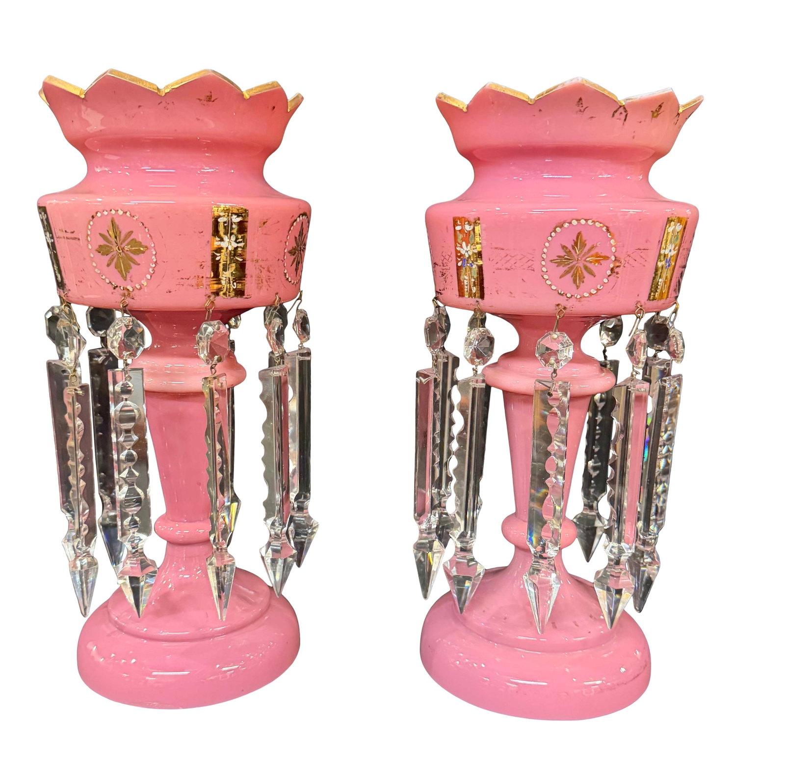 PAIR OF PINK VICTORIAN LUSTERS WITH CUT GLASS PRISMS , MINOR FLAKES, 14"H X 6"W - EACH (1 of 2)