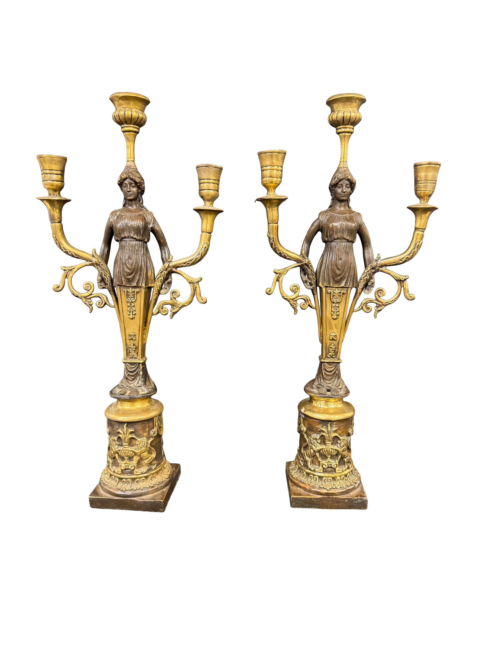 PAIR OF NEOCLASSICAL STYLE 3 LIGHT CANDELABRA 22"H X 10"W, SQUARE BASE 4 1/2" X 4 1/2" (1 of 2)