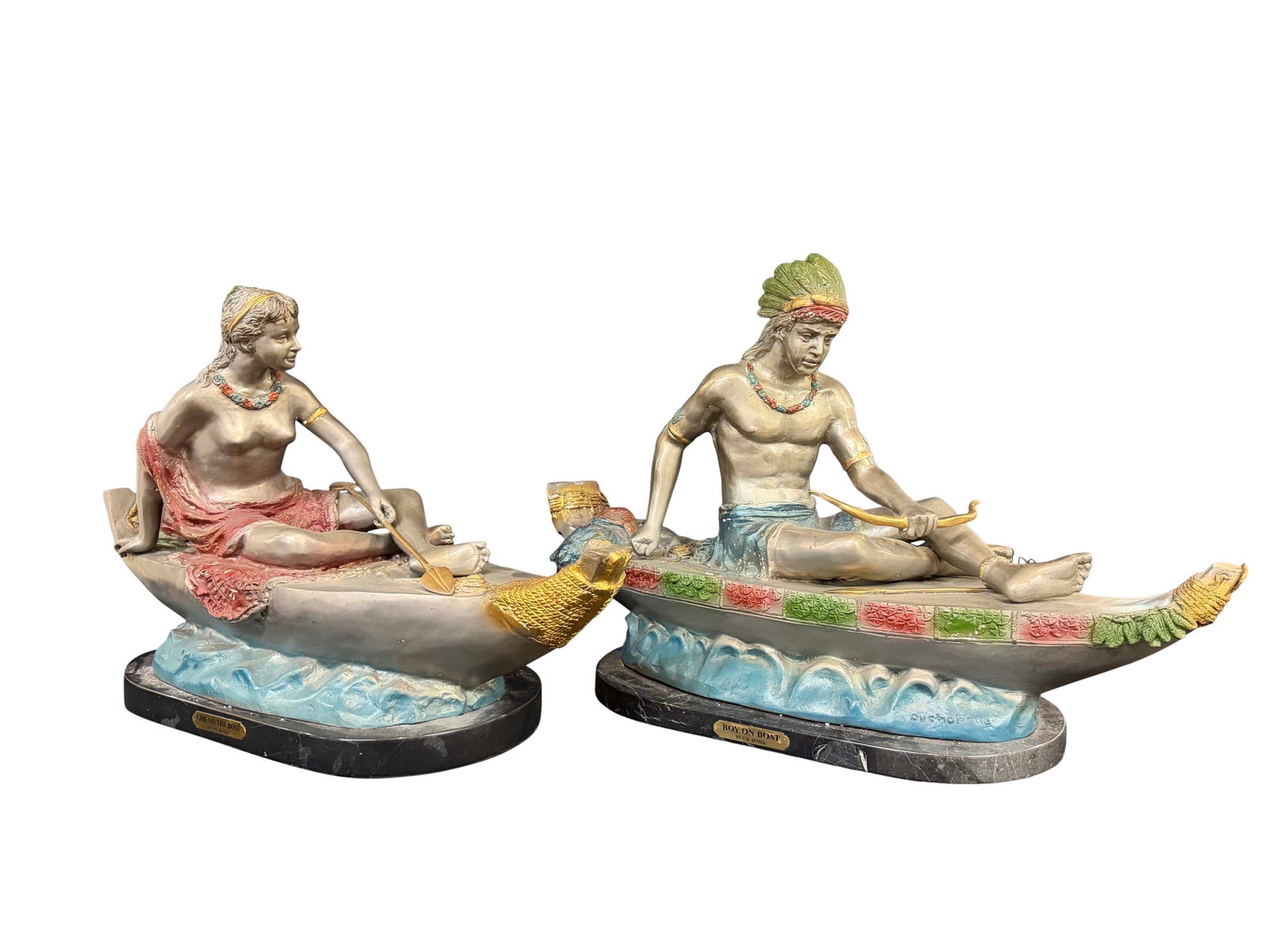 PAIR OF DECORATED BRONZE STATUES OF AN INDIAN BOY IN A BOAT, AND AN INDIAN GIRL IN A BOAT,BOY SIZE (1 of 5)