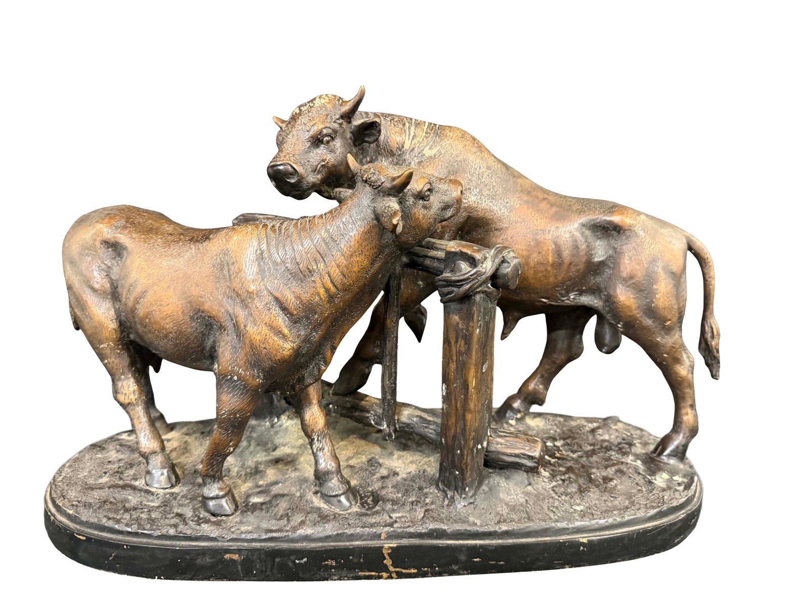 BRONZE STATUE OF A BULL AND COW LOOKING OVER A FENCE, SIZE 11"H X 18"W X 7"D (1 of 3)