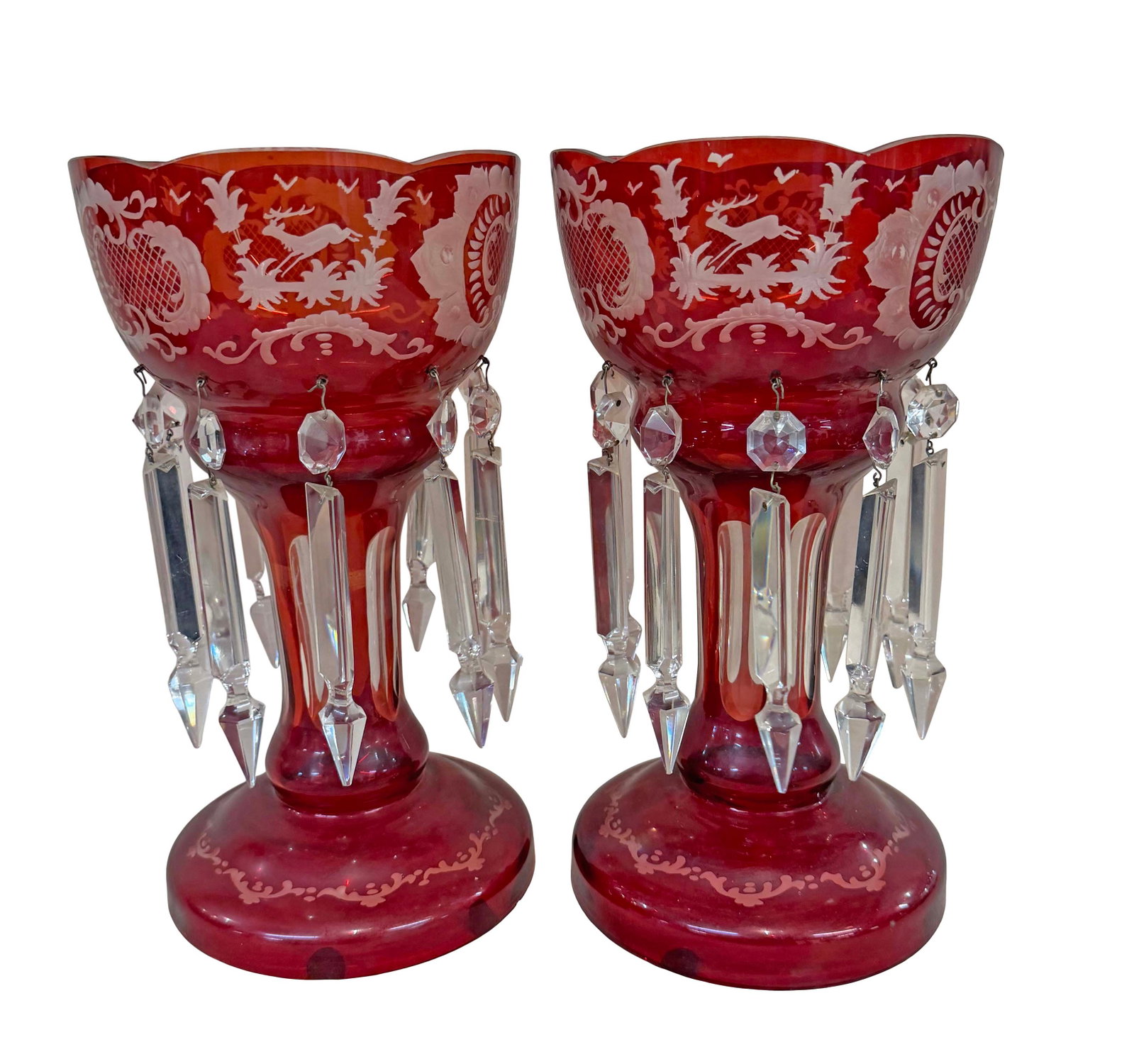 PAIR OF RUBY RED LUSTERS WITH CUT GLASS PRIMS AND ETCHED GLASS WITH DEER, MINOR FLAKES, 12 1/2"H X 6 (1 of 2)
