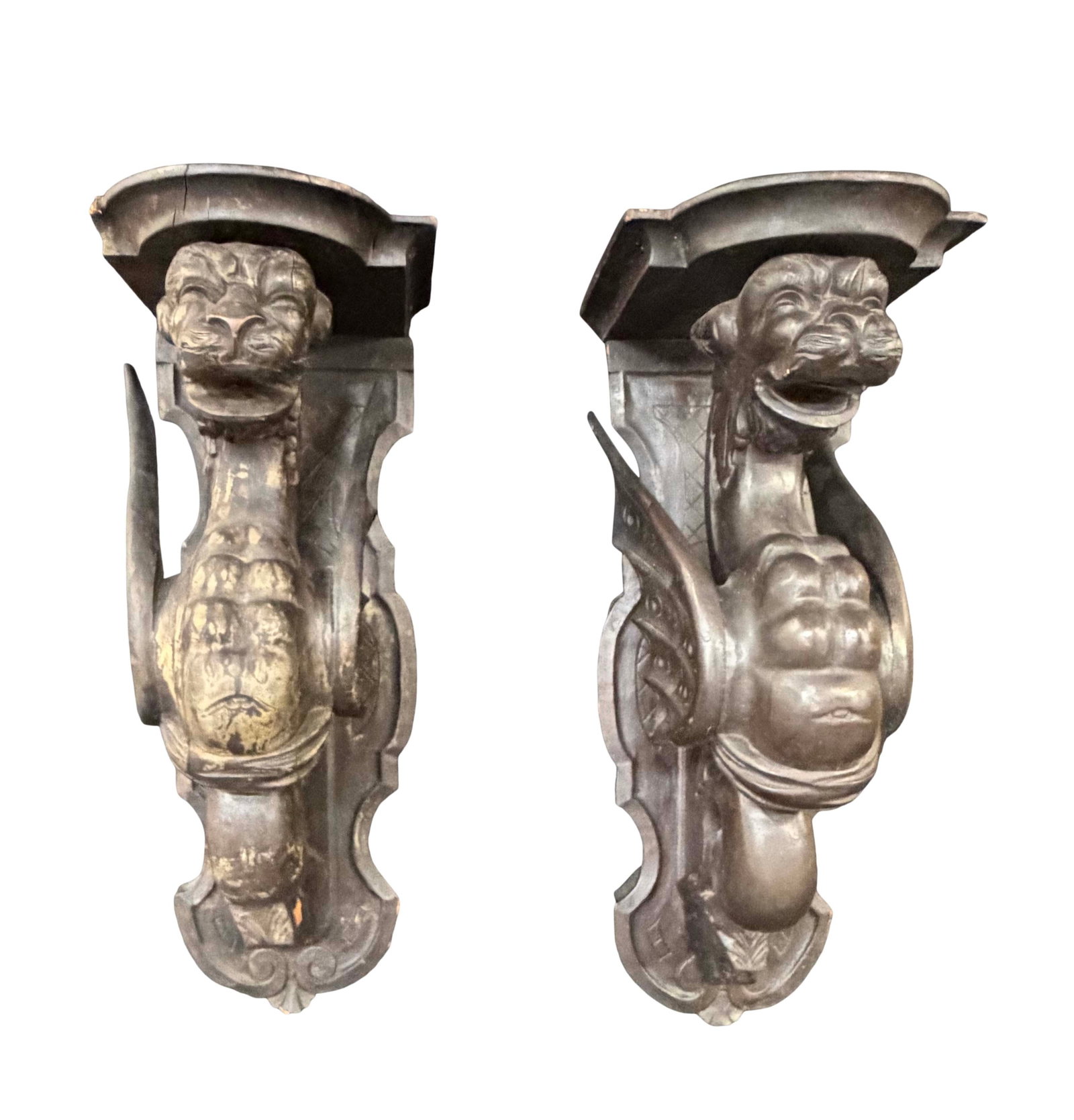 PAIR OF WINGED GRIFFIN WALL SHELVES SOME CARVINGS MISSING, FINISH IS OLD AND DIRTY, NEEDS (1 of 3)