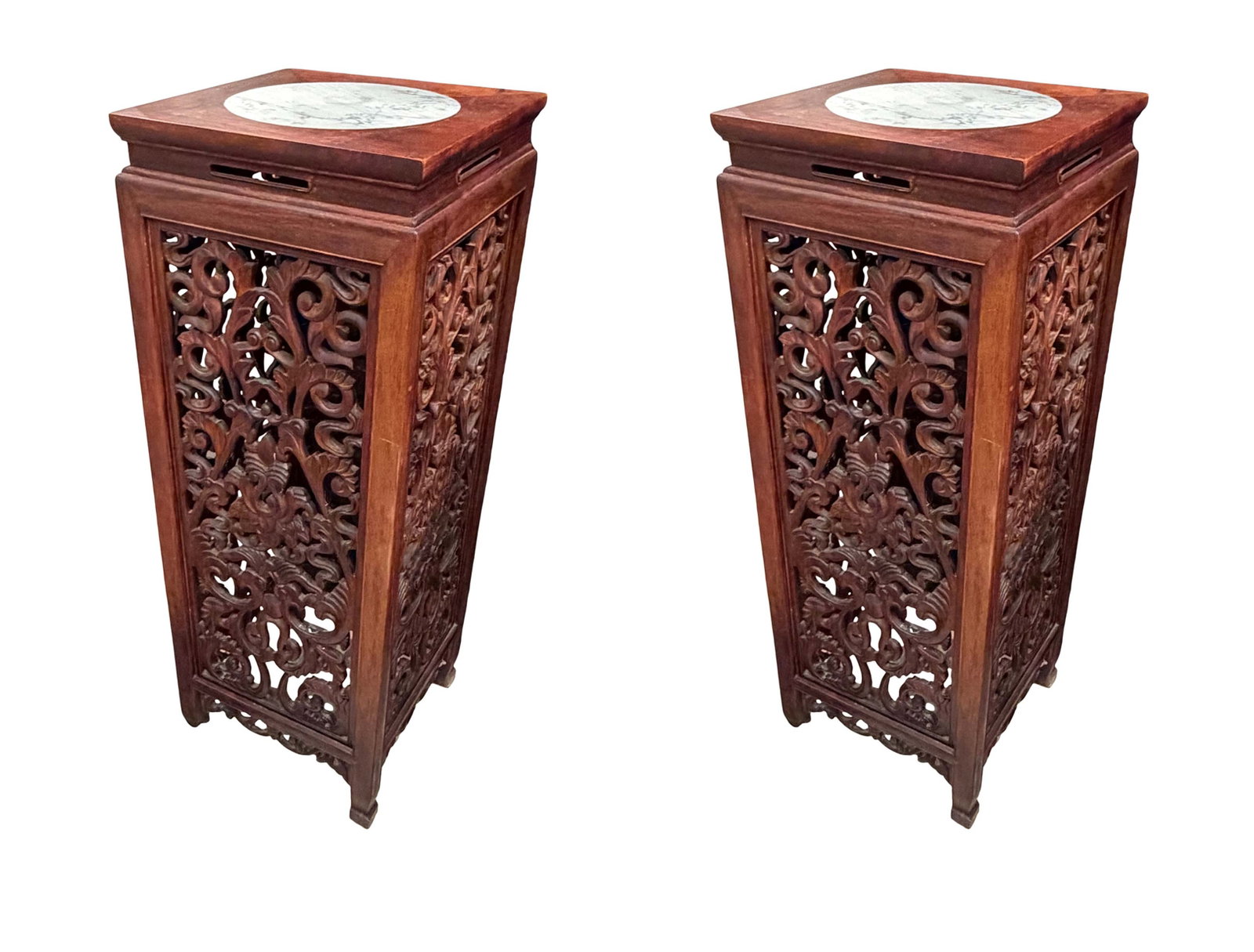 PAIR OF ORIENTAL PIERCE CARVED 4 SIDED WOOD PEDESTALS WITH ROUND MARBLE INSET TOPS, SIZE 40"H X 14"W (1 of 4)