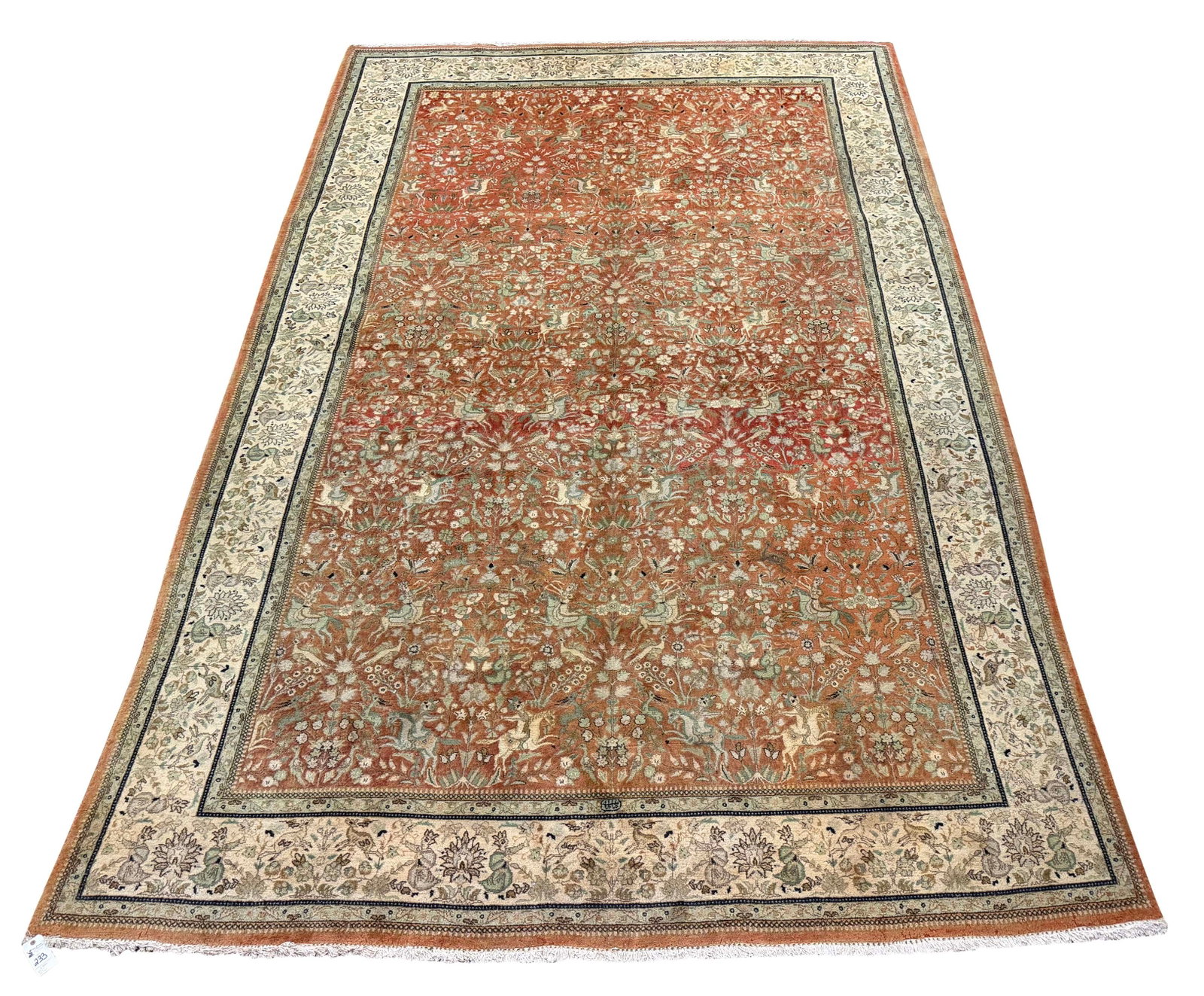 PERSIAN HANDWOVEN HUNTING TABRIZ RUG, SOME MOTH DAMAGE, SIZE 10'5" X 15'9" (1 of 4)