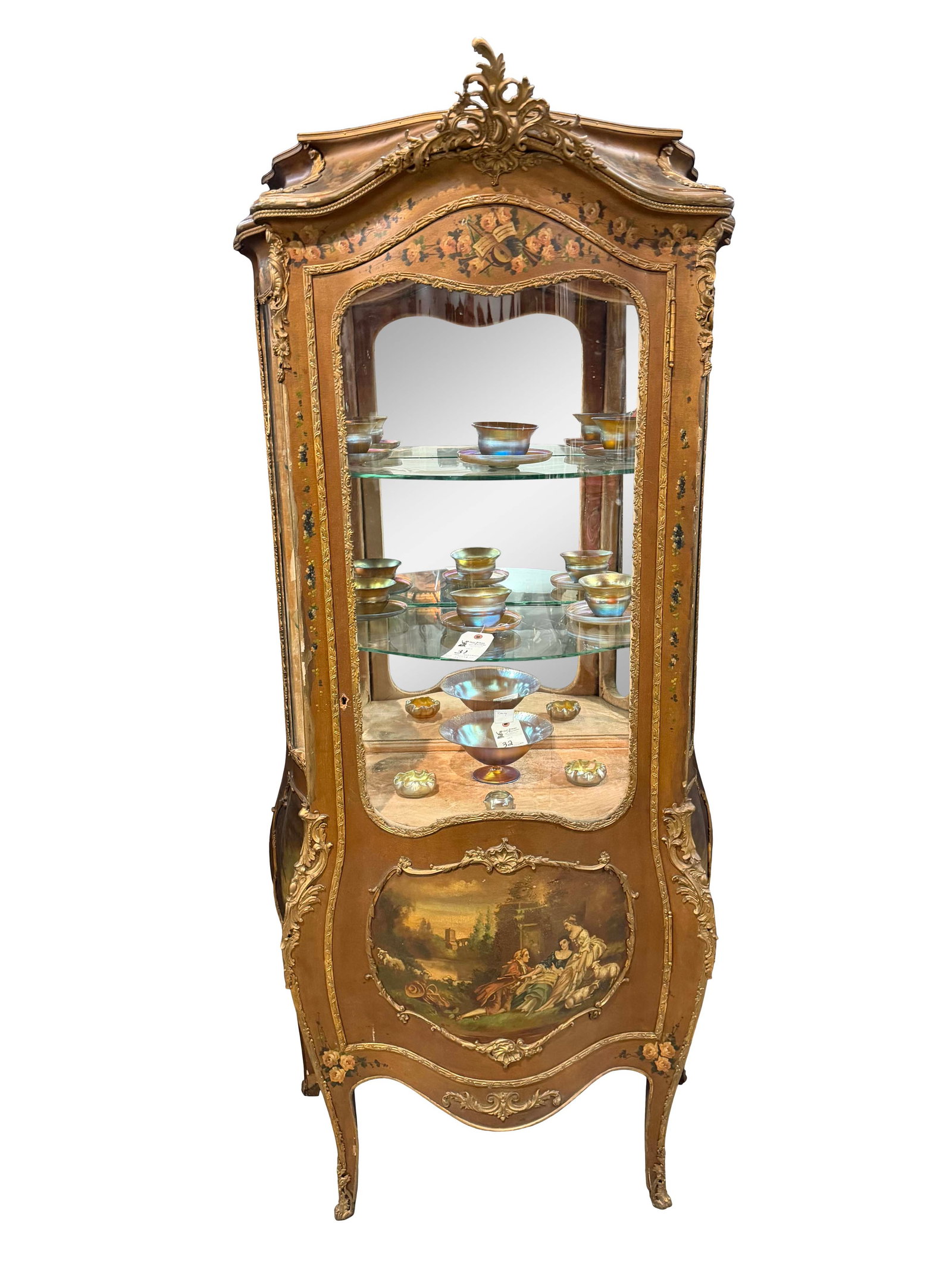 FRENCH VERNIS MARTIN BOMBAY DISPLAY CABINET WITH SERPENTINE GLASS, SOME PAINT LOSS, SIZE 73"H X 35"W (1 of 4)