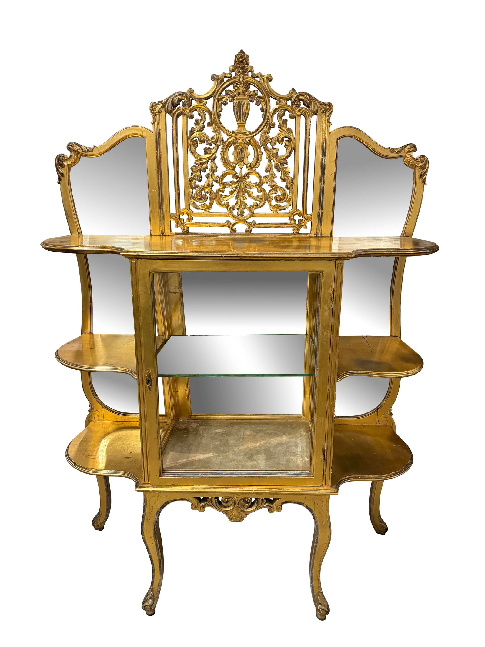 GOLD FRENCH CURIO DISPLAY CABINET WITH BEVEL GLASS MIRRORS, SIDE SHELVES, PIERCED CARVED TALL BACK, (1 of 3)