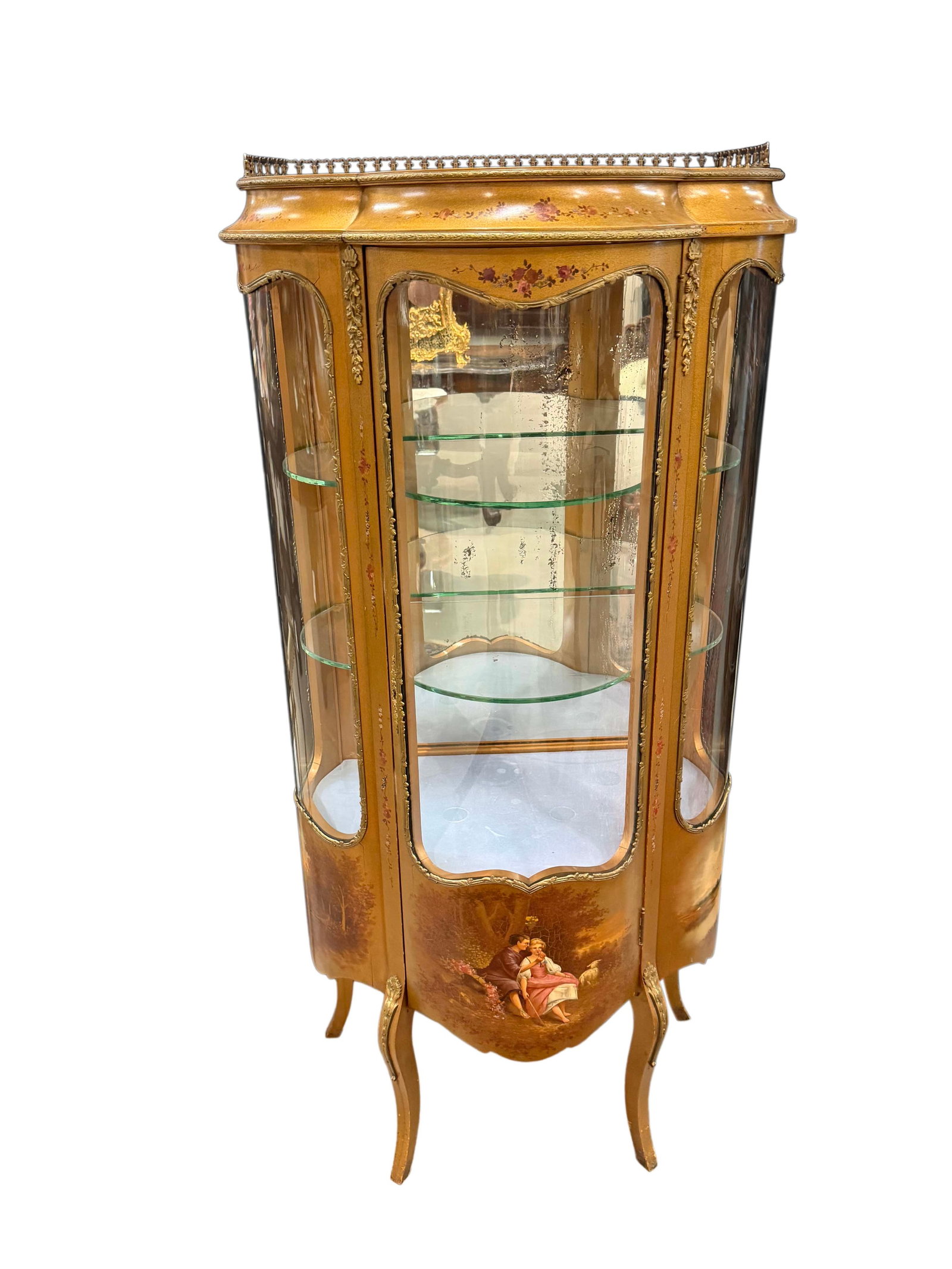 FRENCH VERNIS MARTIN CURIO DISPLAY CABINET WITH CURVED GLASS, NICE ORIGINAL CONDITION, SIZE 58"H X (1 of 4)