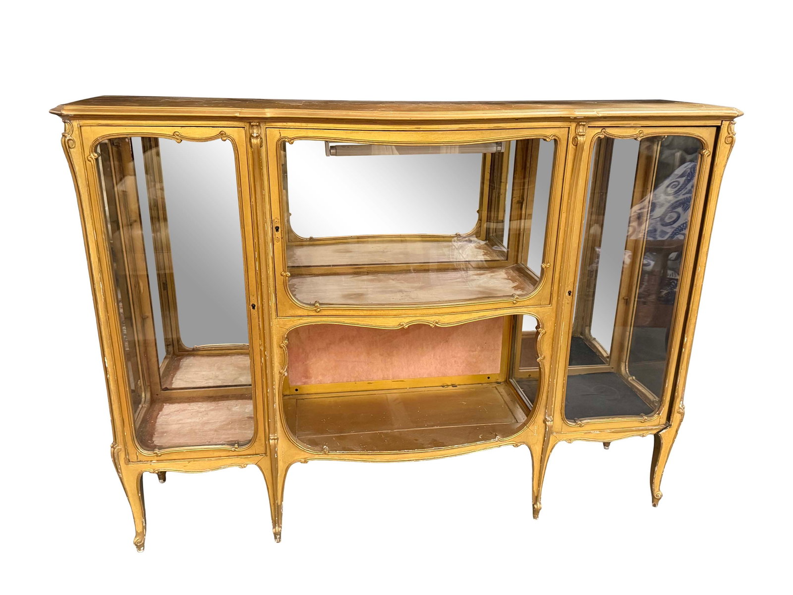 FRENCH PAINTED GOLD CURIO DISPLAY CABINET, LOSS OF PAINT, MISSING SHELVES, NEEDS RESTORATION, SIZE (1 of 4)