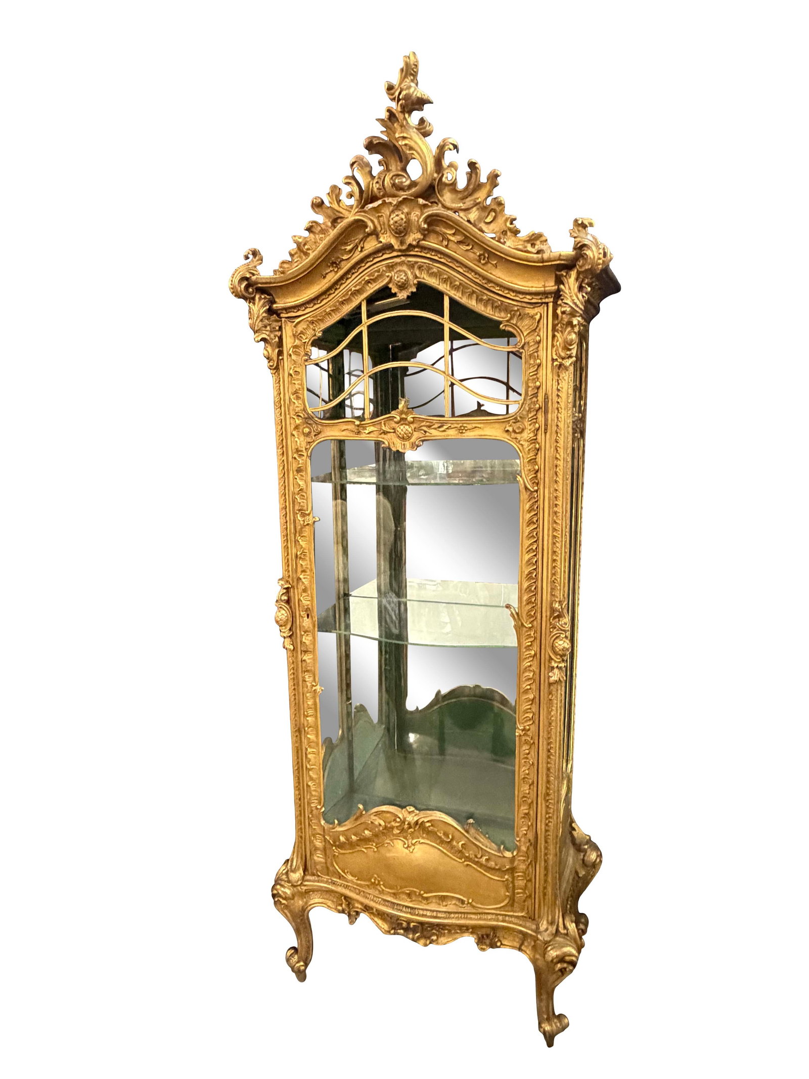 HEAVY CARVED FRENCH ROCOCO GOLD GILT ONE DOOR CURVED GLASS DISPLAY CABINET, MISSING GLASS AT THE TOP (1 of 4)