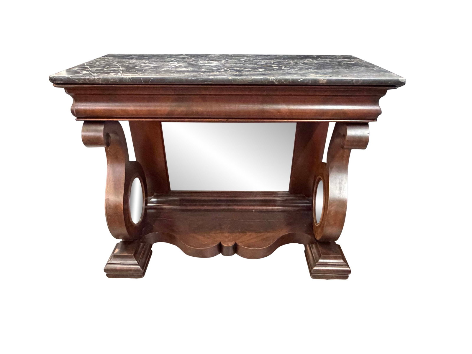 EMPIRE PIER TABLE WITH BLACK AND GOLD MARBLE TOP SOME MINOR CHIPS TO THE MARBLE, SIZE 36"H X 42"W X (1 of 3)