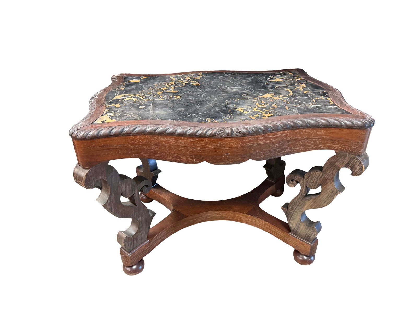 ROSEWOOD TRANSITIONAL EMPIRE CENTER TABLE WITH ORIGINAL BLACK AND GOLD MARBLE TOP HAS BEEN REPAIRED, (1 of 4)