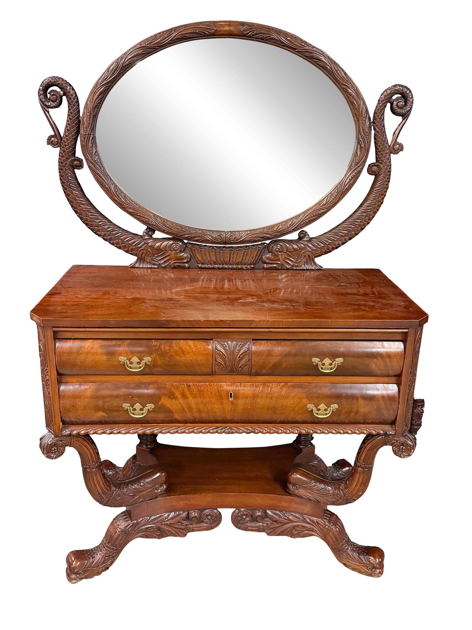 EARLY AMERICAN MAHOGANY DRESSING TABLE WITH CARVED DOLPHINS, MIRROR BOLT SUPPORTS HAVE BEEN (1 of 3)