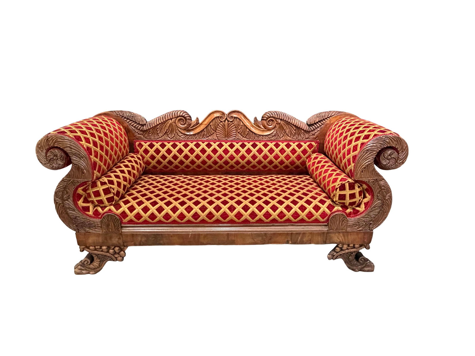 FEDERAL STYLE CARVED SOFA WITH CLAW FEET, SOME LOSS OF CARVING, UPHOLESTRY IN EXCELLENT CONDITION, (1 of 4)