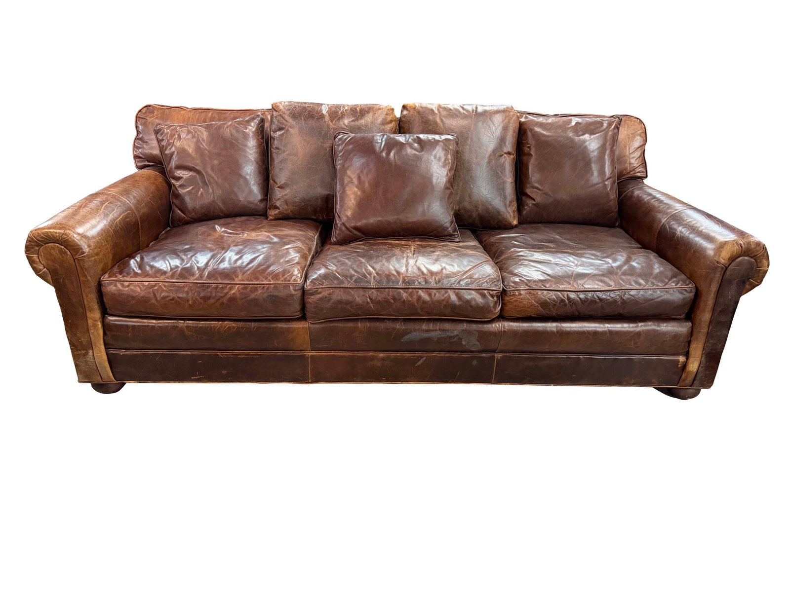 LARGE OVERSIZED DISTRESSED LEATHER SOFA WITH LEATHER CUSHIONS AND PILLOWS, SIZE 34"H X 95"W X 48"D (1 of 4)