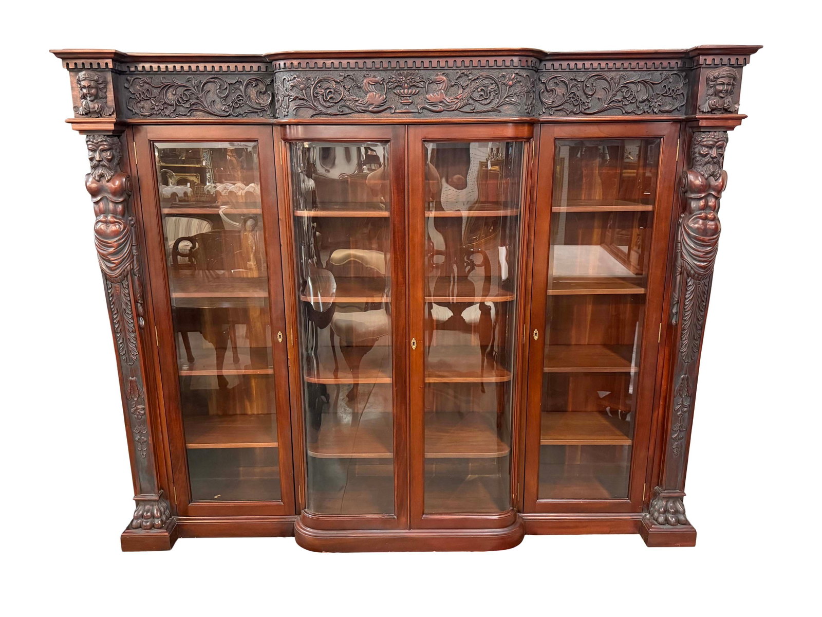 HORNER STYLE CUSTOM MAHOGANY 4 DOOR CURVED GLASS CENTER BOOKCASE WITH MAN OF THE MOUNTAIN,SIZE 72"H (1 of 3)