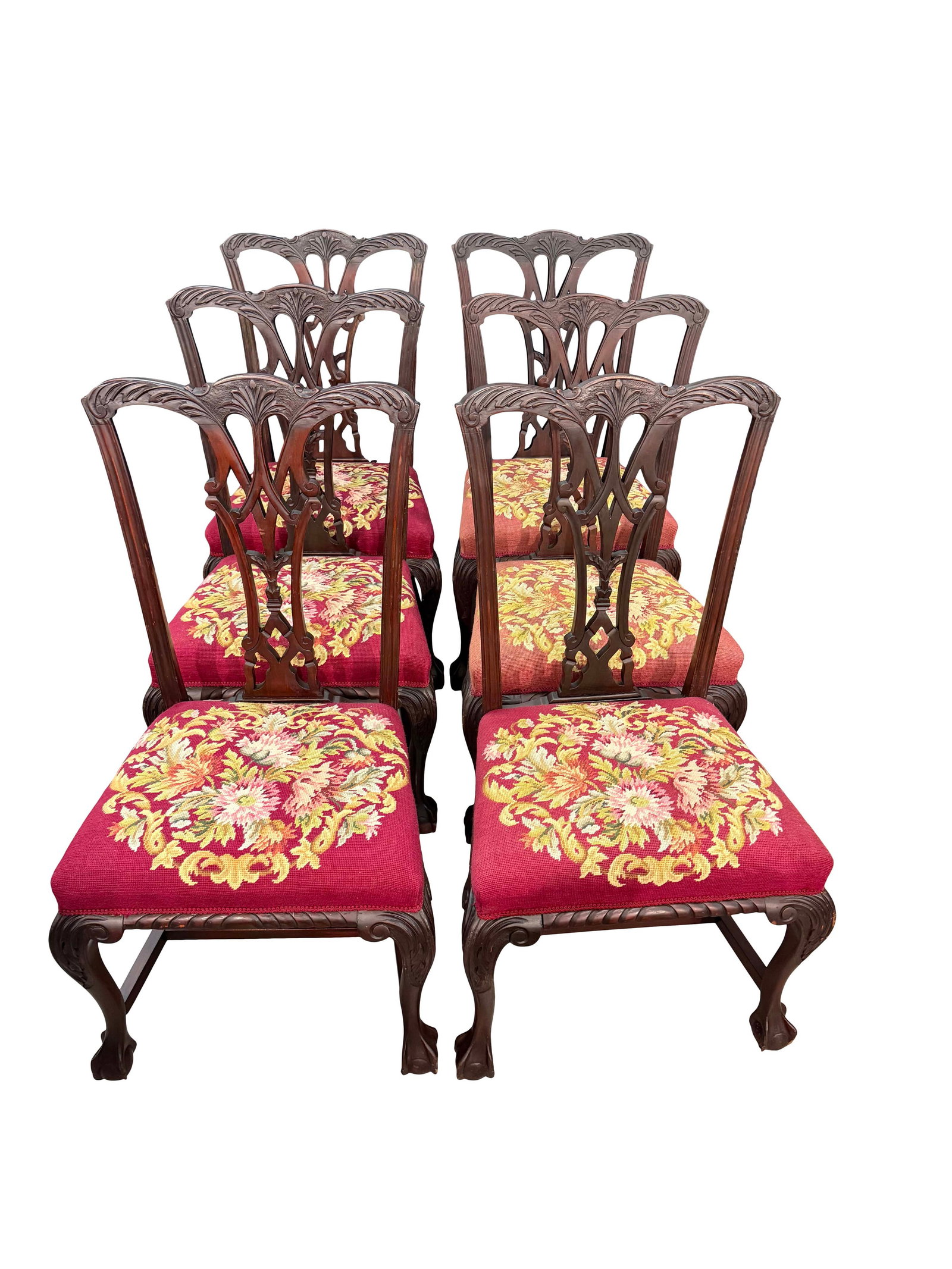 SET OF 6 BALL AND CLAW CHIPPENDALE DINING CHAIRS WITH NEEDLEPOINT SEATS, SOME SUN FADING ON (1 of 2)